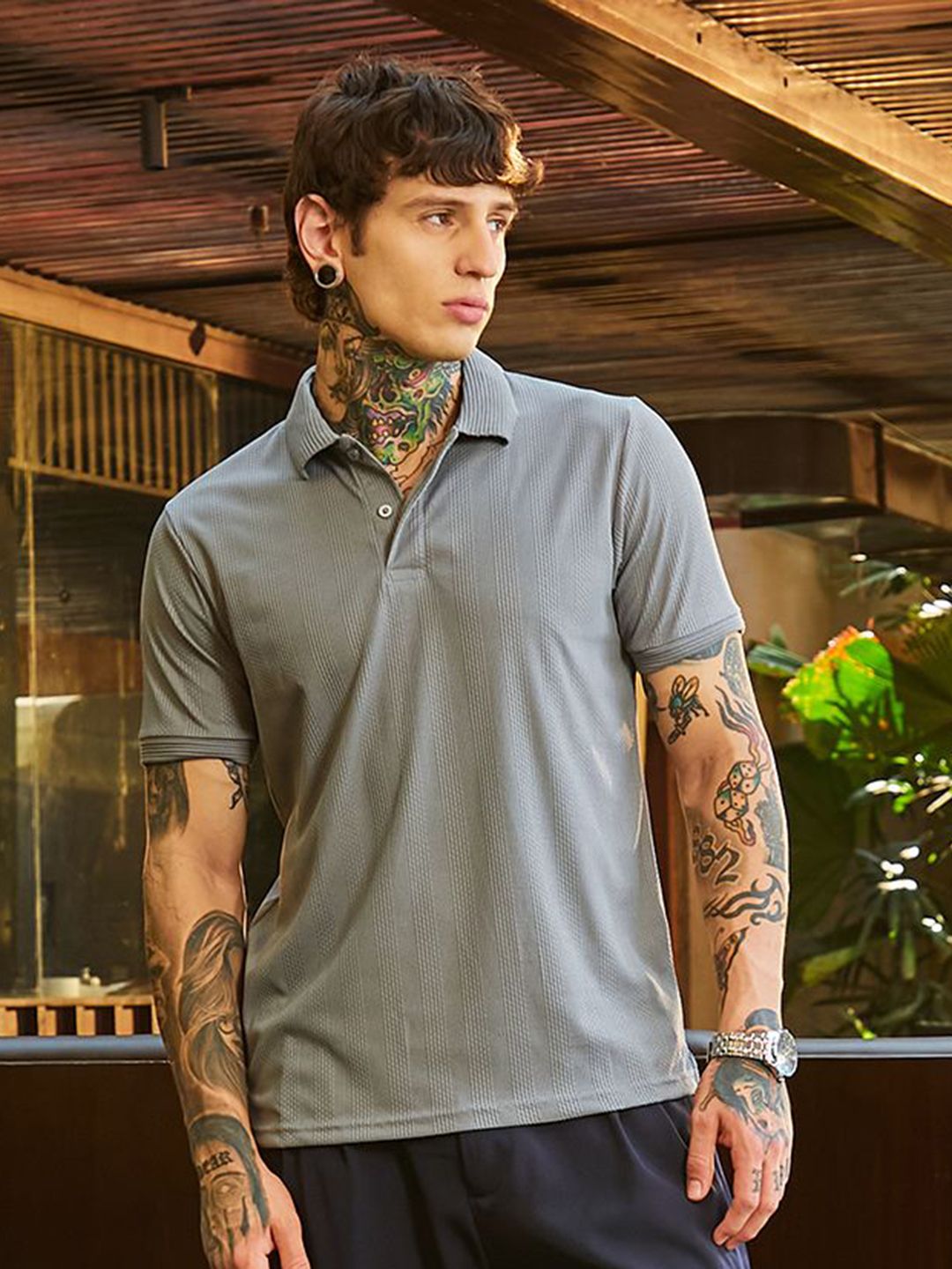 CAHOOT Men Self Design Polo Collar Cotton T-shirt