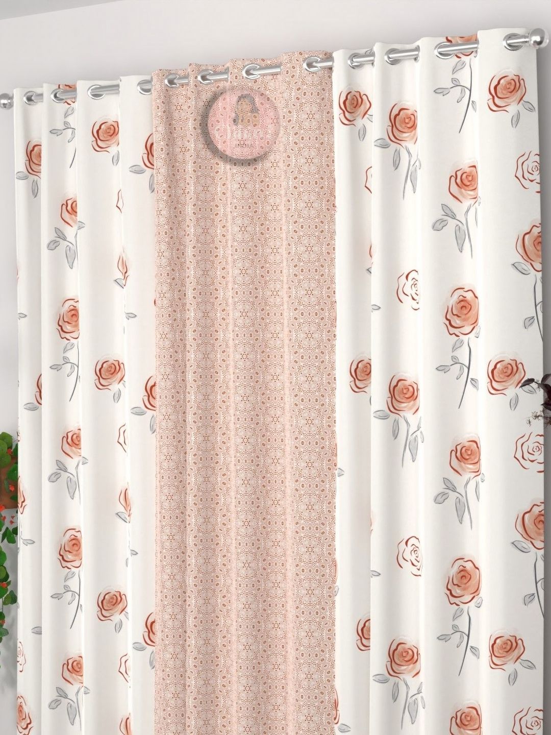 CHHAVI INDIA CHHAVI INDIA Beige & White 3 Pieces Floral Printed Light Blocking Door Curtain