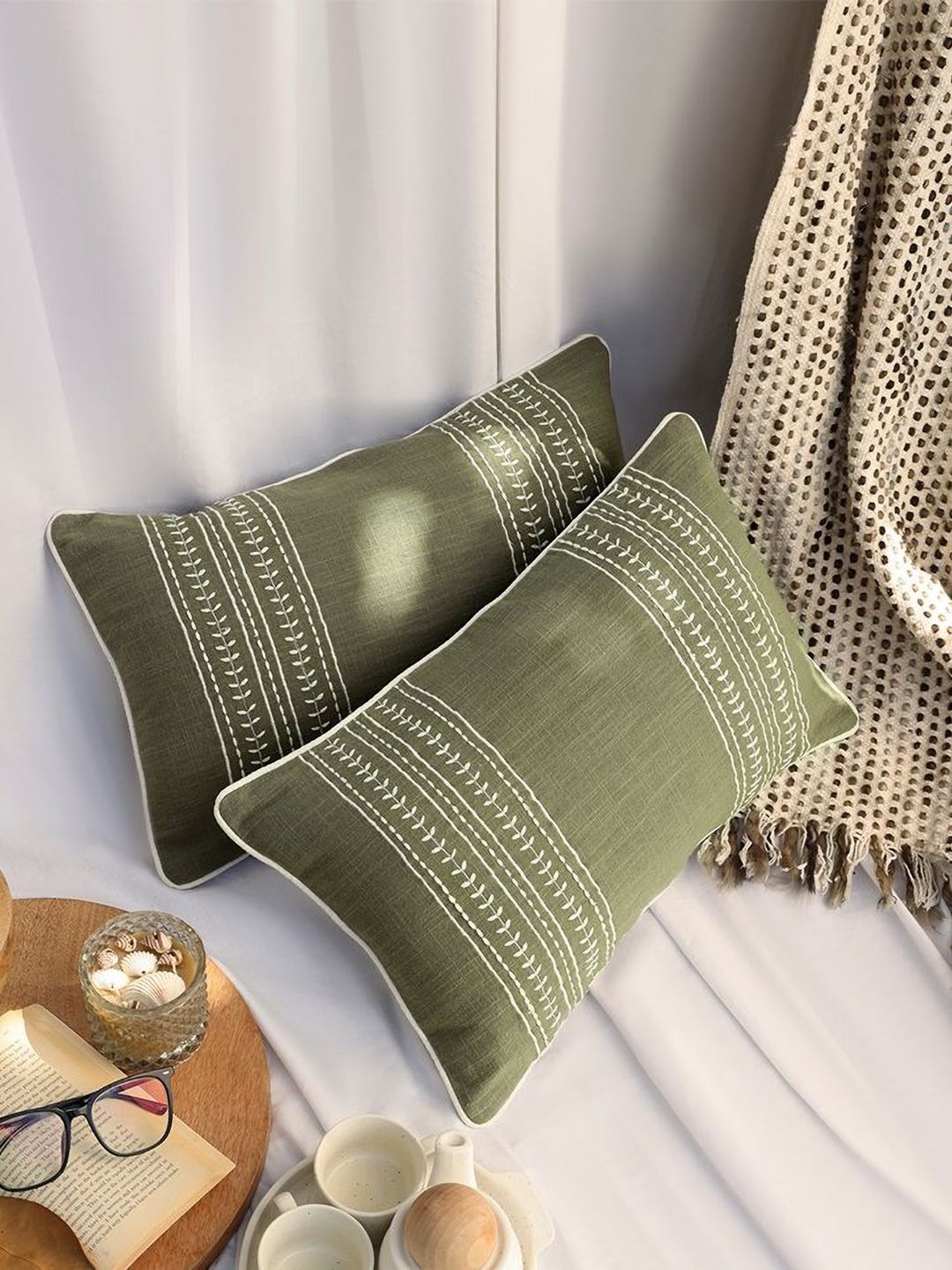 ANWYN ANWYN Olive Green Set Of 2 Embroidered Rectangle Cushion Covers