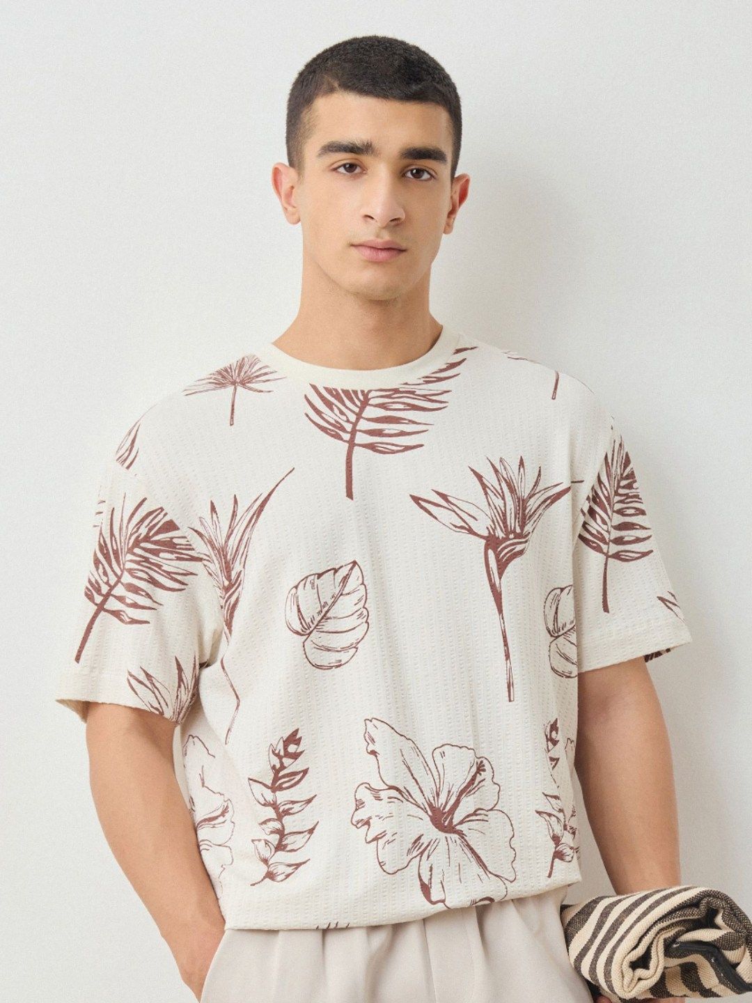 Red Flame Men Floral Printed Round Neck Cotton T-shirt