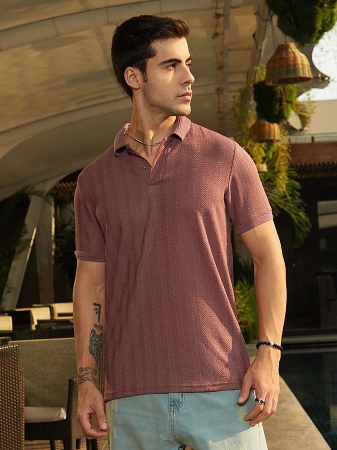CAHOOT Men Self Design Polo Collar Cotton Slim Fit T-shirt