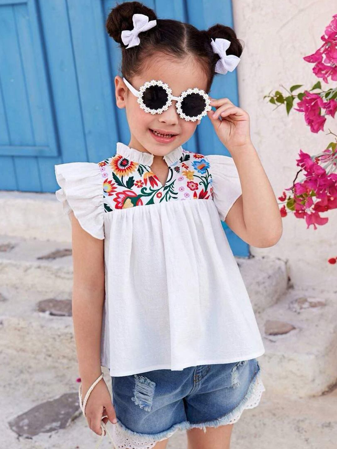 Wommaniya Impex Print Mandarin Collar Flutter Sleeve Top