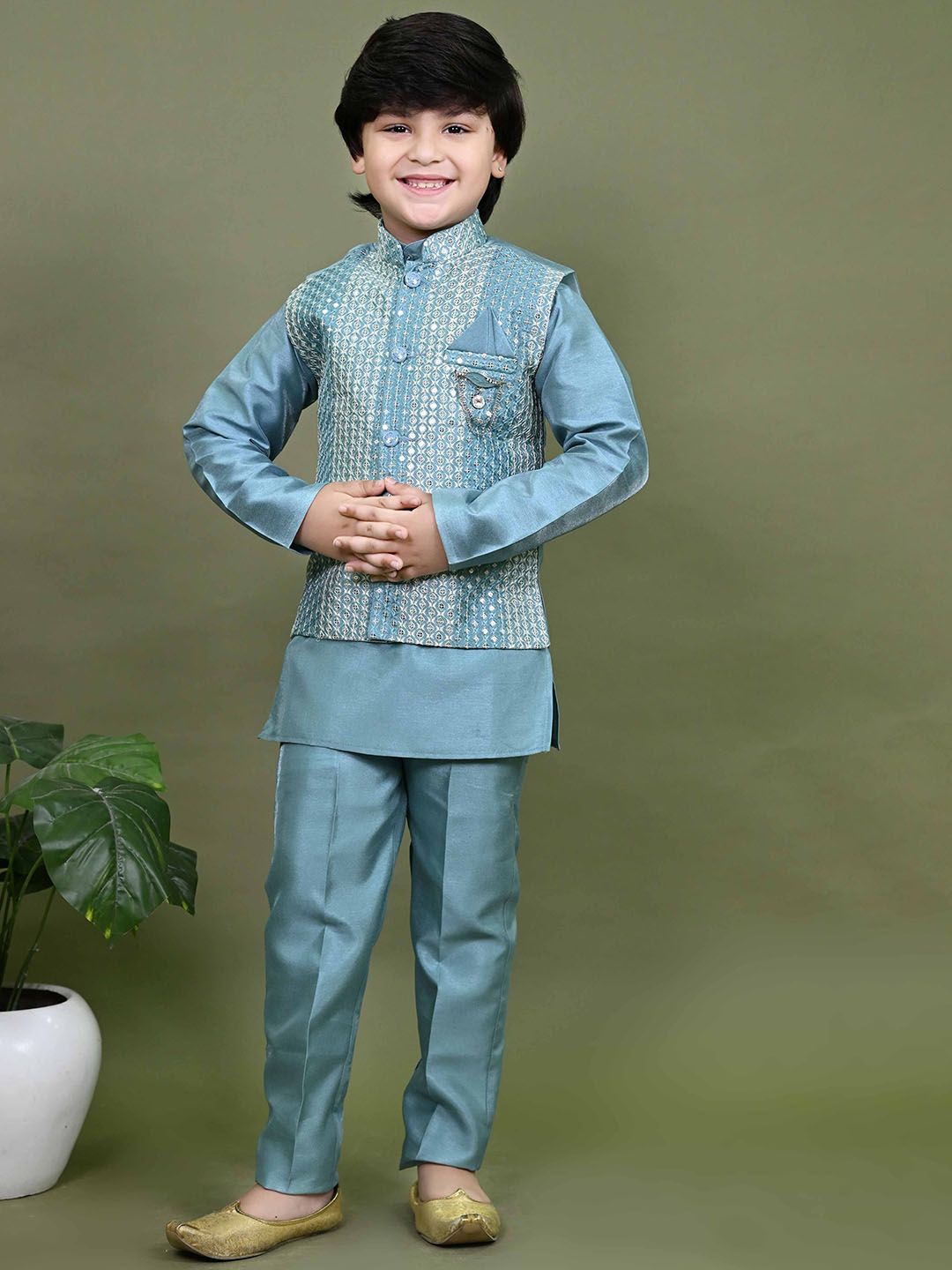 BT DEZINES Boys Band Collar Straight Cotton Silk Kurta With Trousers & Nehru Jacket