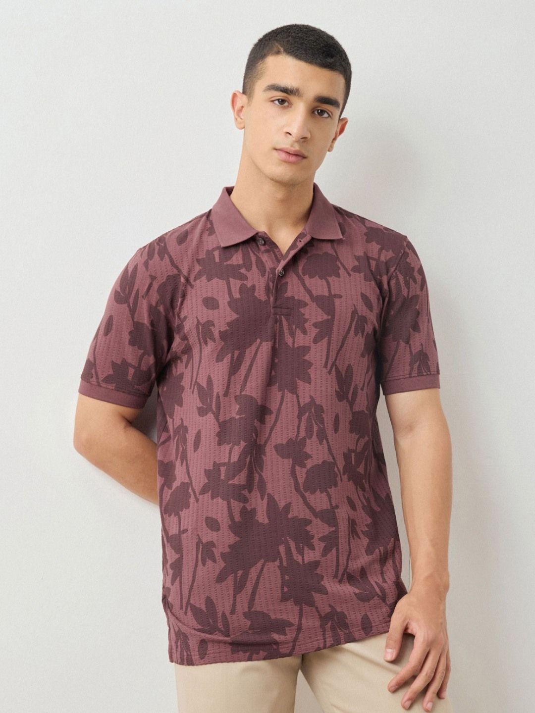 Red Flame Men Floral Printed Polo Collar Cotton T-shirt