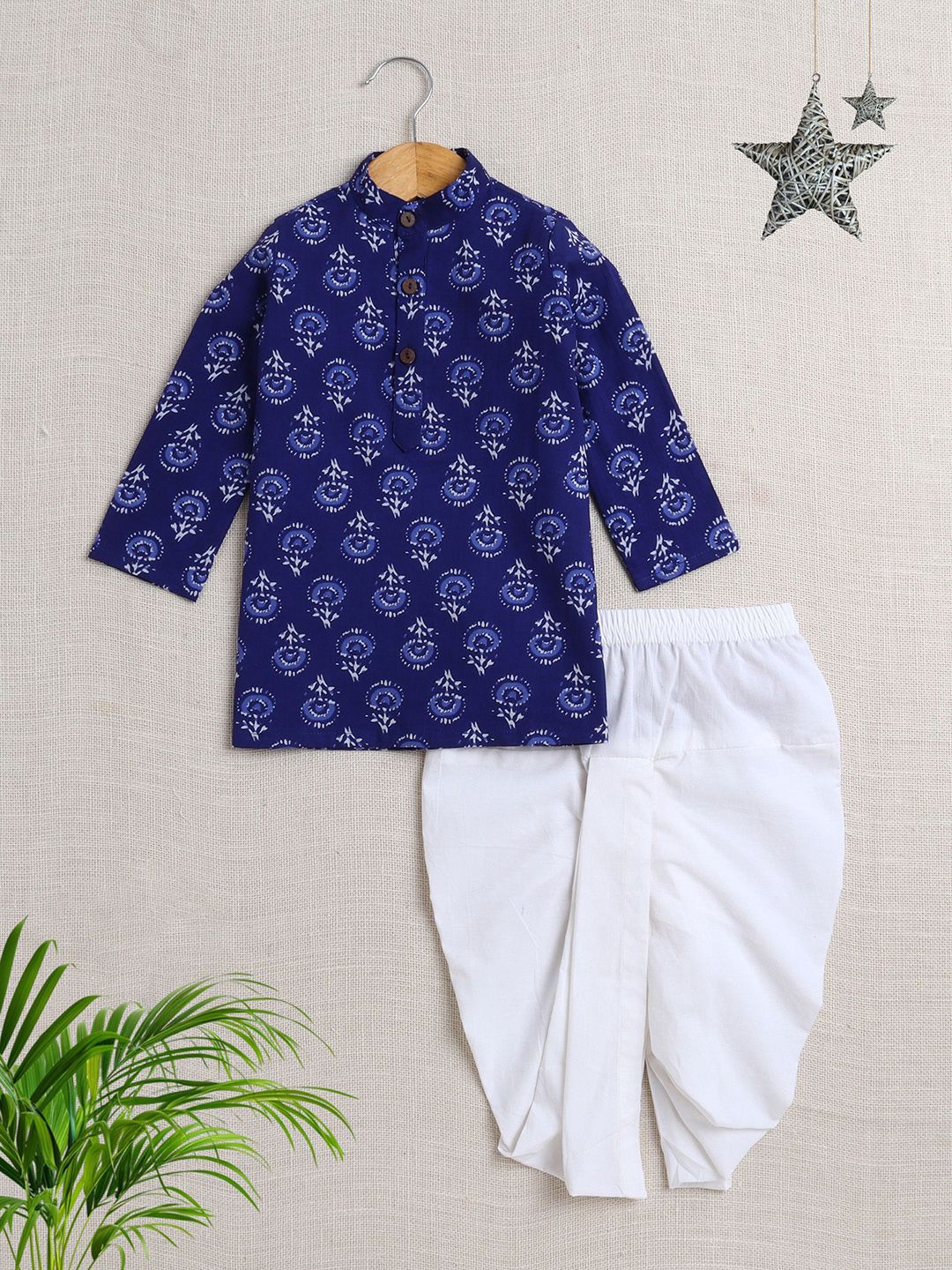 The Magic Wand Boys Floral Printed Pure Cotton Kurta With Dhoti Pants