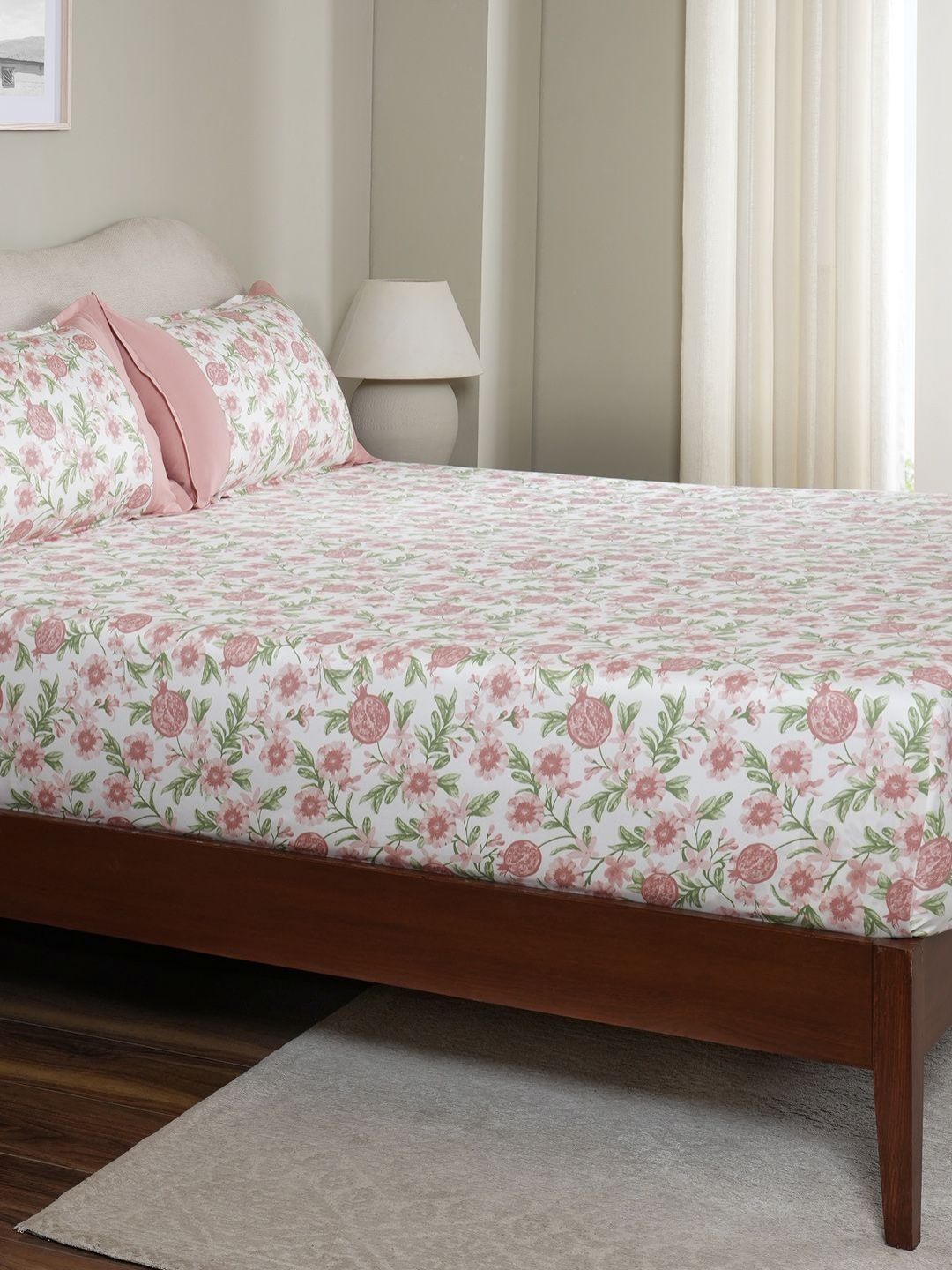 MASPAR MASPAR Pink Floral Pure Cotton 200 TC King Fine Bedsheet with 2 Pillow Covers-108 x 108 inches