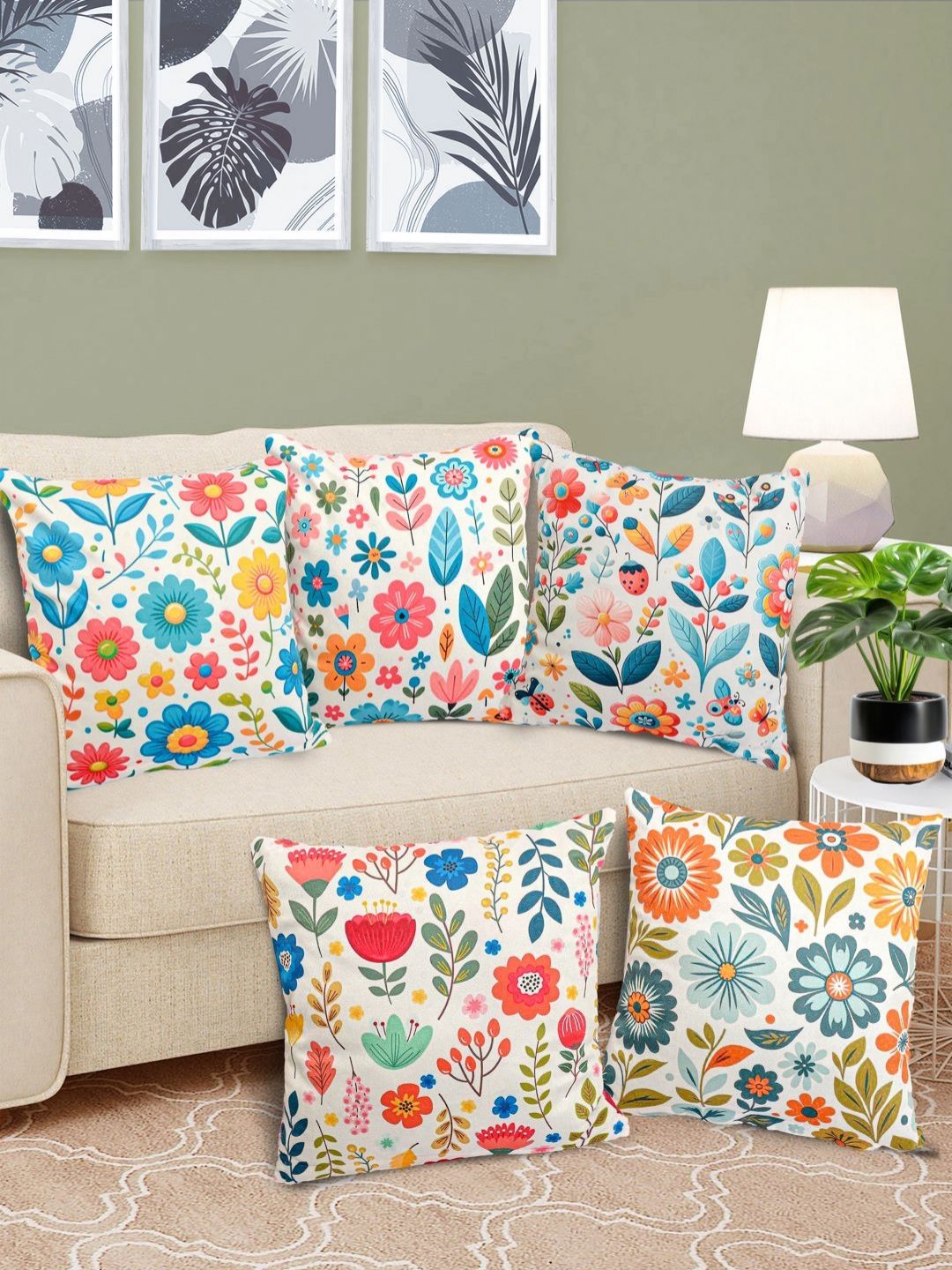FABINALIV 5 Pcs White Floral Reversible Velvet Digital Printed Cushion Covers - 40X40 cm