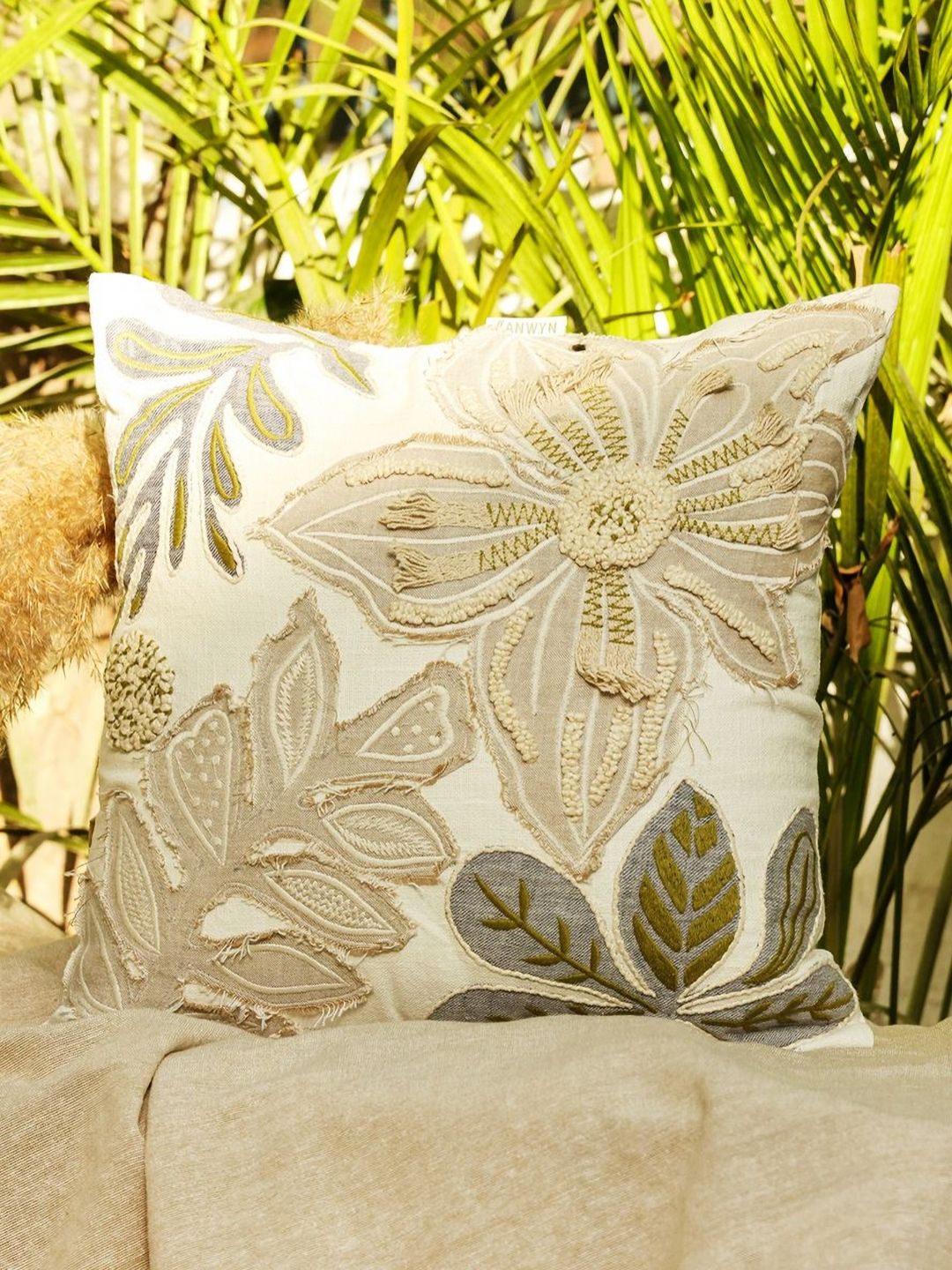 ANWYN Beige Floral Cotton Durable Embroidered Square Cushion Cover -18x18In