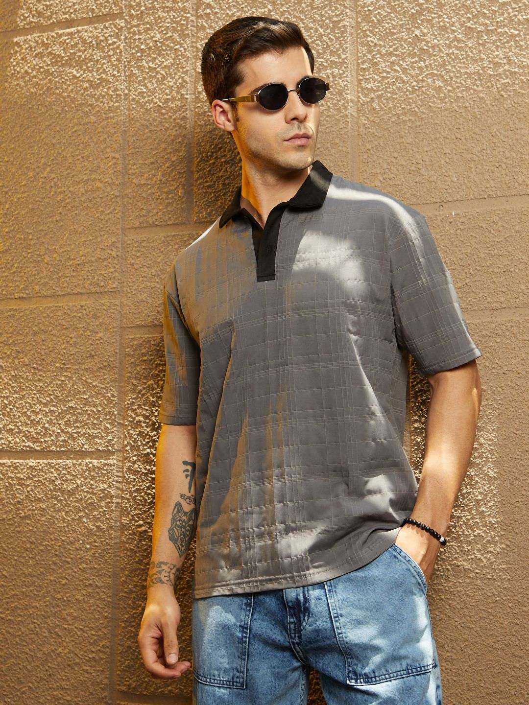CAHOOT Men Checked Polo Collar Cotton T-shirt