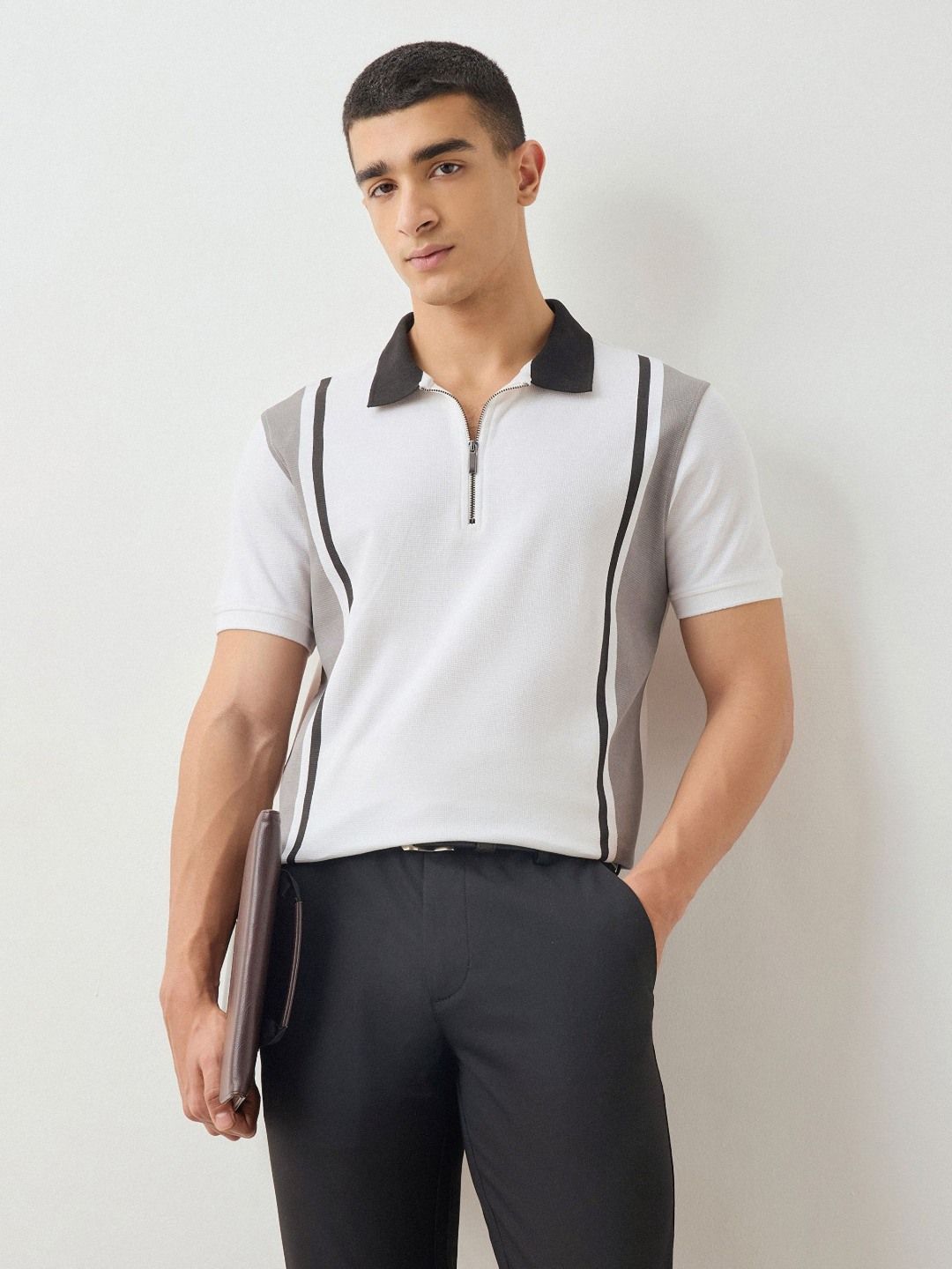 Red Flame Men Striped Polo Collar Cotton T-shirt
