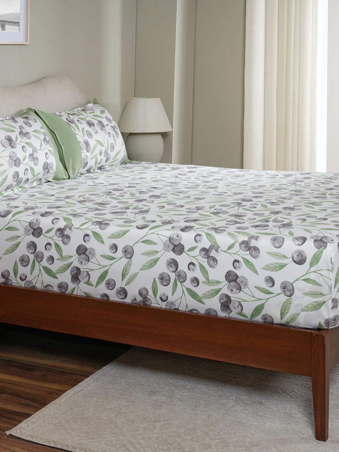 MASPAR MASPAR Green Floral Pure Cotton 200 TC Double Fine Bedsheet with a Pillow Cover-60 x 88 inches