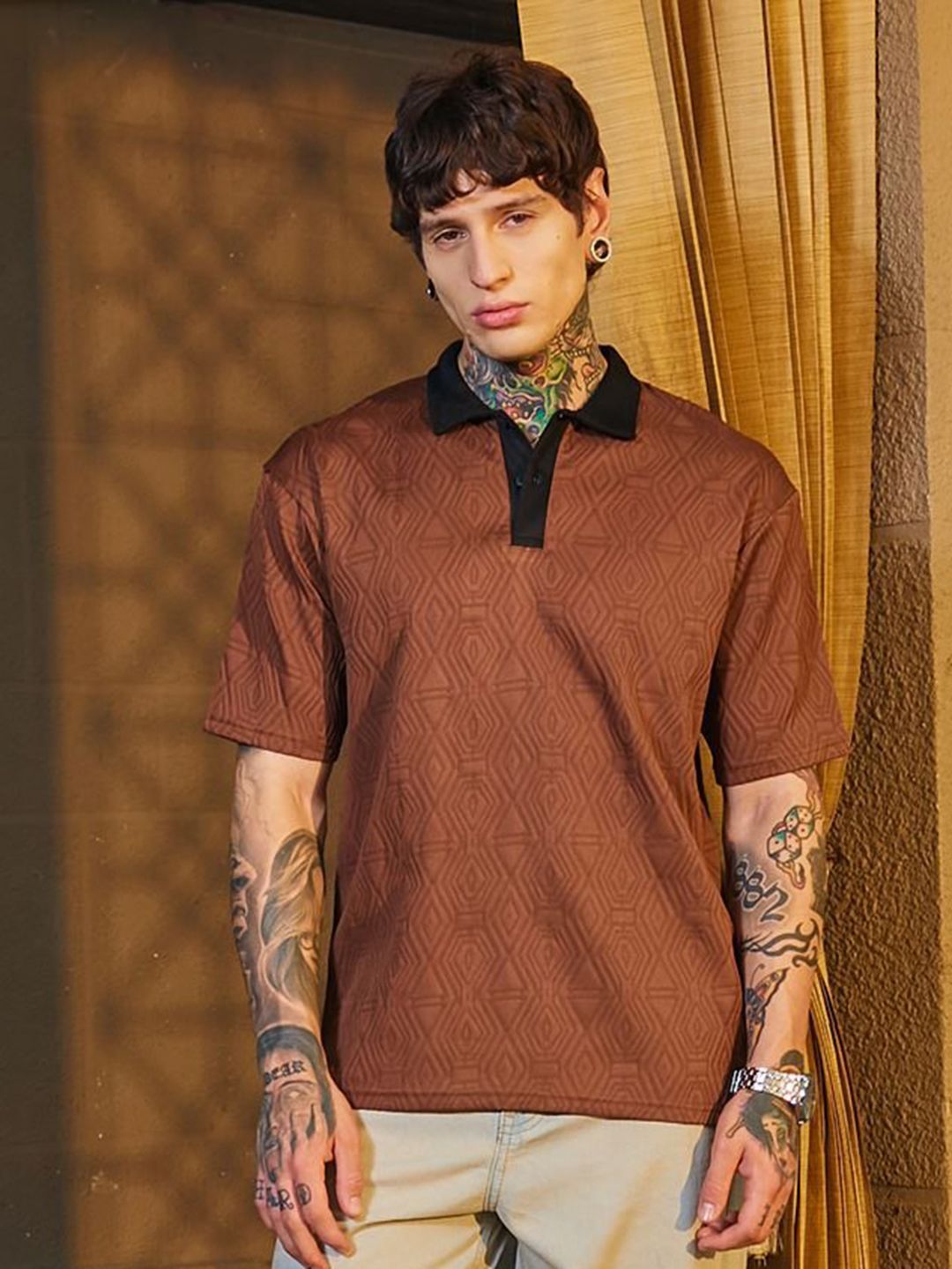 CAHOOT Men Self Design Polo Collar Cotton T-shirt