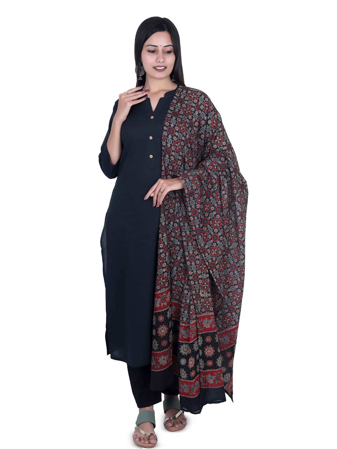 Fabmoha  Geometric Block Print Ajrakh Printed Pure Cotton Dupatta