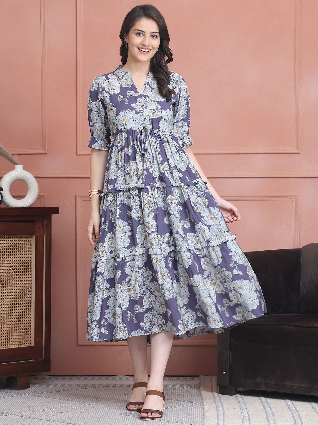 Claura Women Floral Printed Mandarin Collar Puff Sleeves Layered Fit and Flare Midi Dress