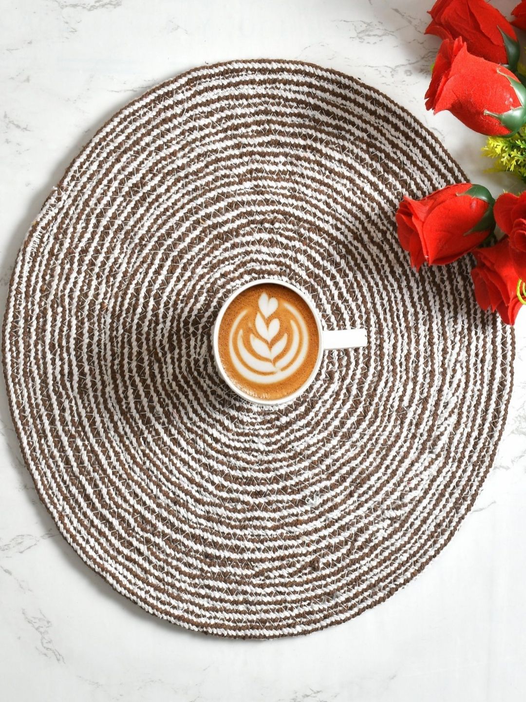 Aura 4-Pcs White & Brown Spiral Round Cotton Table Placemats