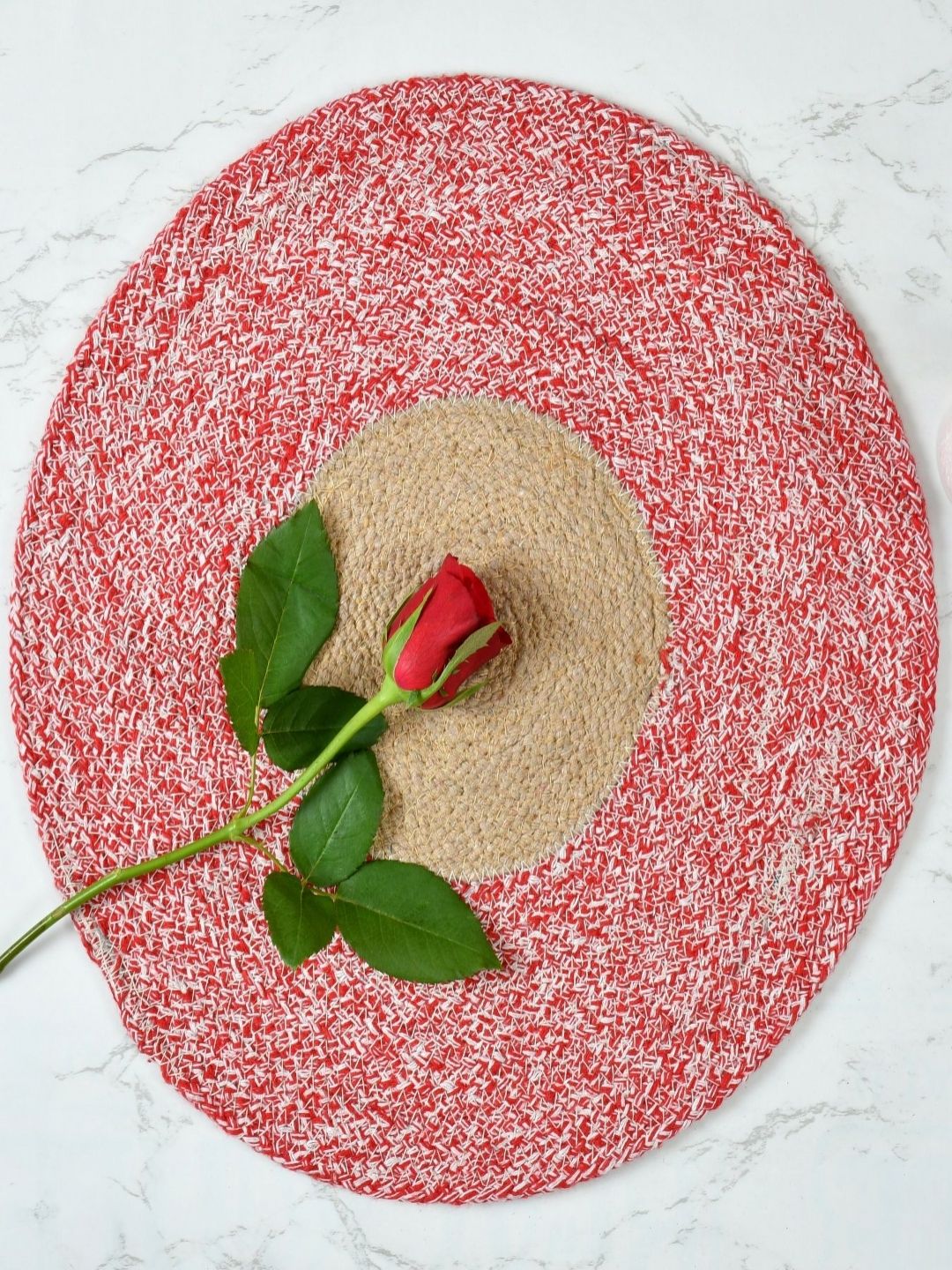 Aura 4-Pcs Red & Cream Spiral Round Cotton Table Placemats