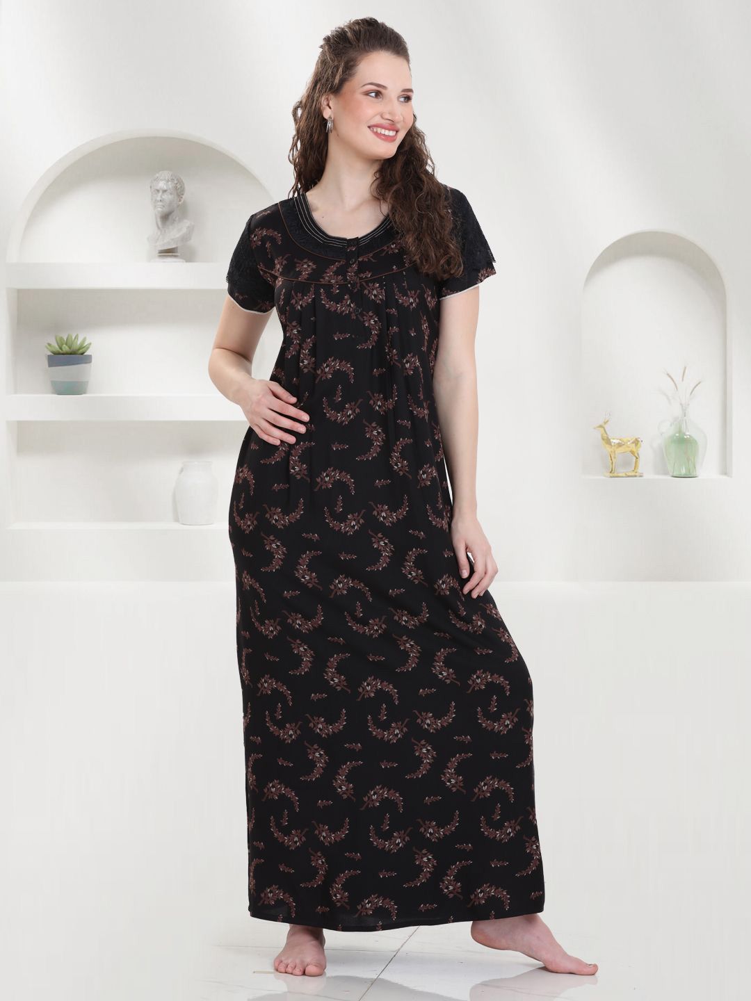 QUIRA QUIRA Women Printed Round Neck Maxi Nightdress