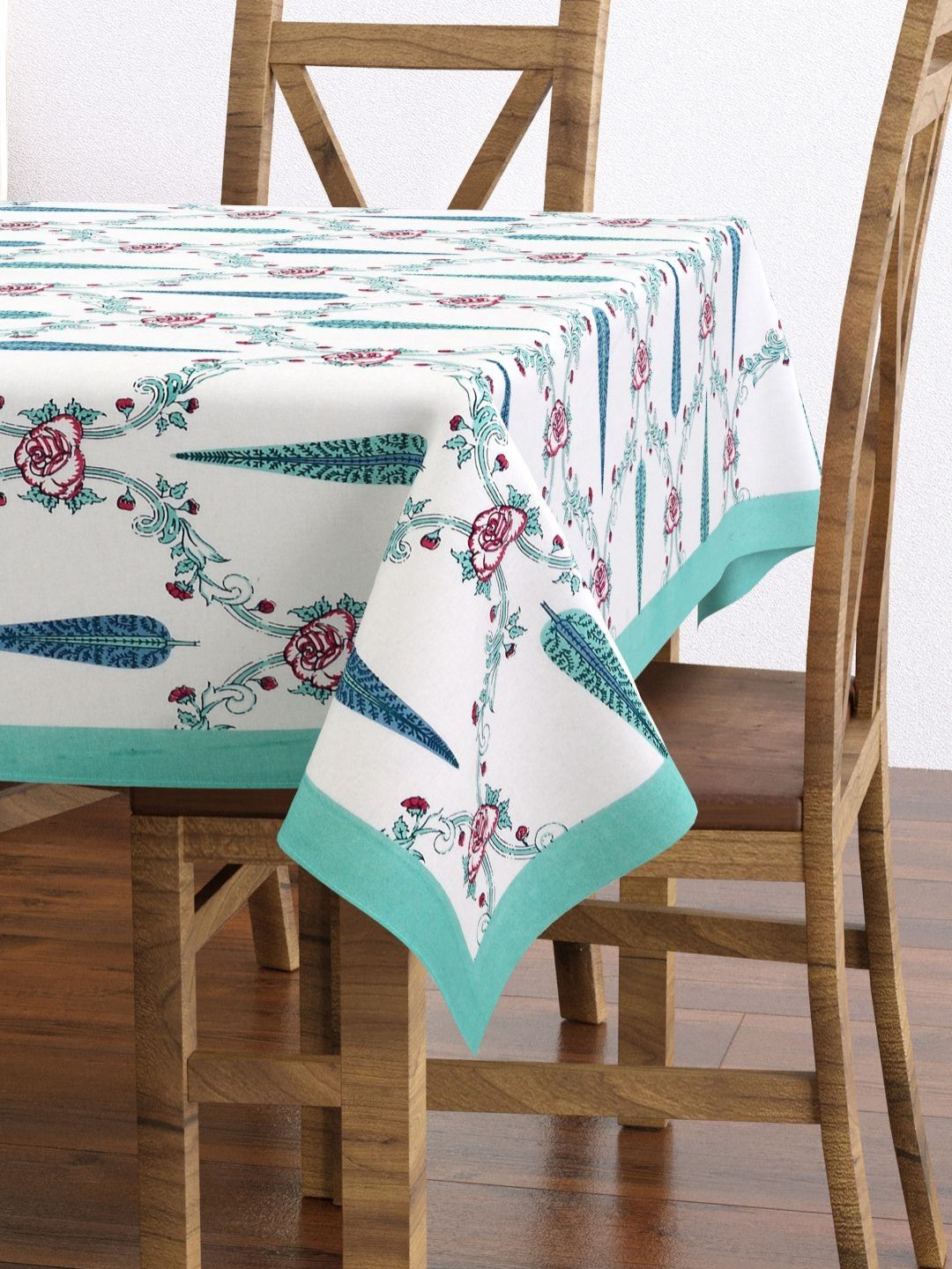 BLOCKS OF INDIA Turquoise Blue Ethnic Motifs Cotton 6-Seater Table Cover
