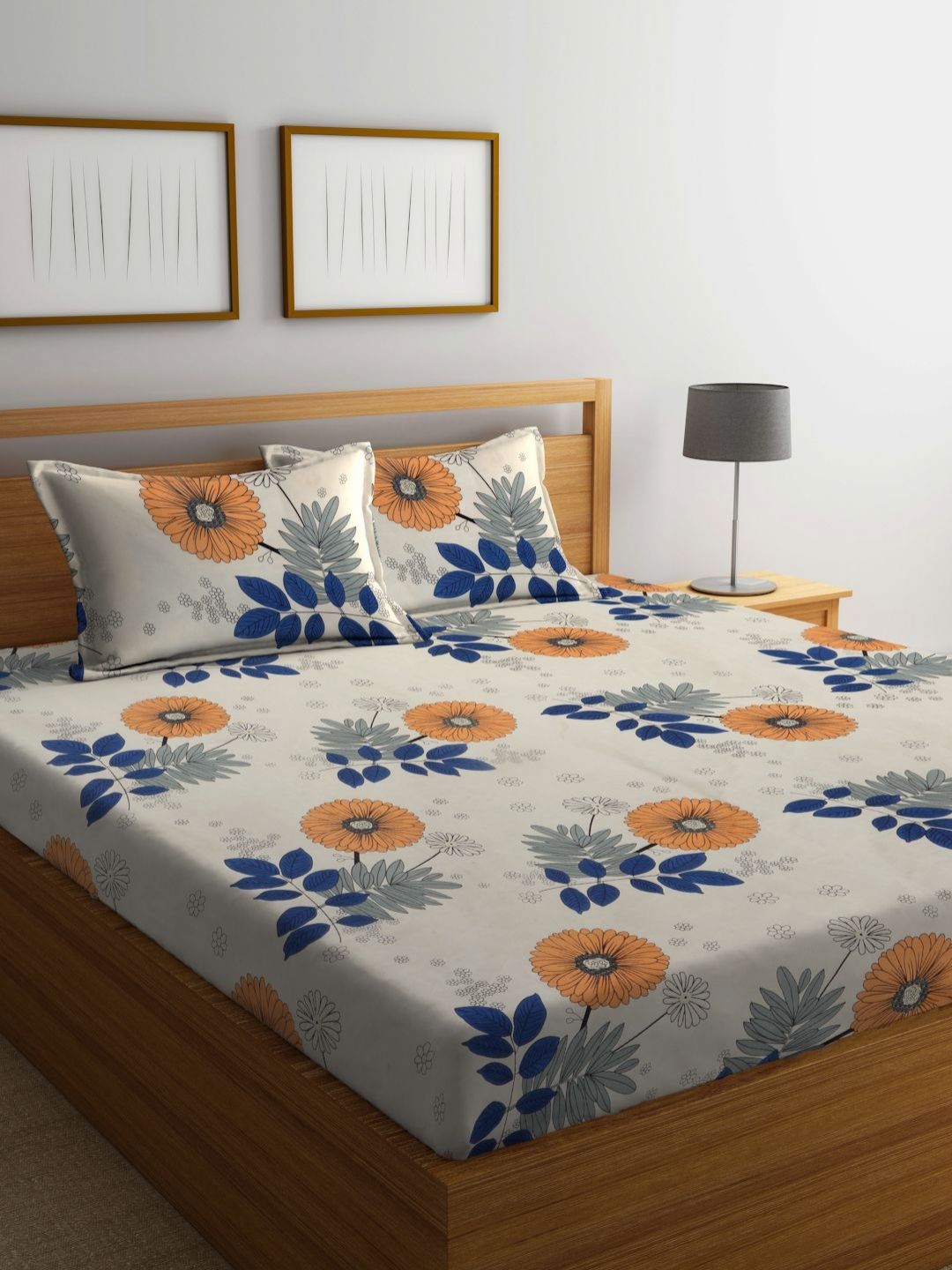 Aura Cream Floral Cotton 300 TC King Superfine Bedsheet with 2 Pillow Covers-98 x 85 inches