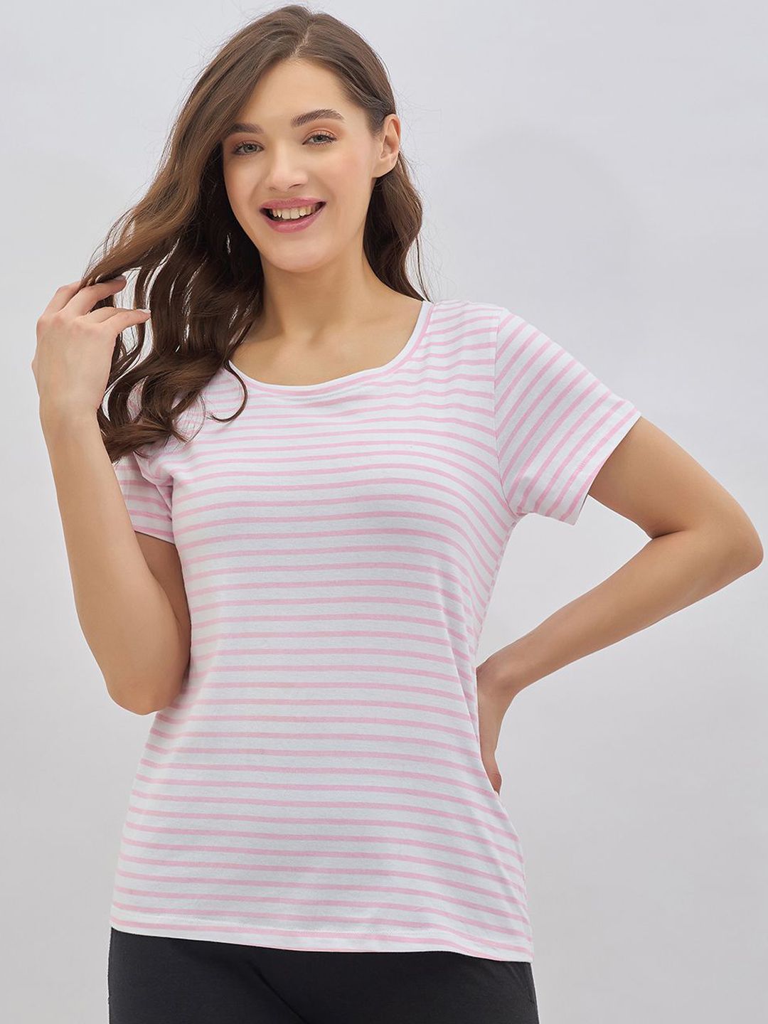 Clovia Cotton Striped Round Neck Lounge Tshirts