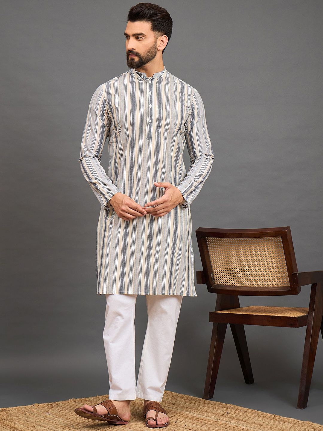 House of Pataudi Striped Mandarin Collar Straight Pure Cotton Kurta