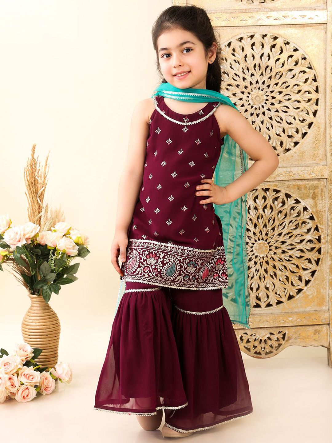 Superminis Girls Embroidered Gotta Patti Georgette Kurta with Sharara & With Dupatta