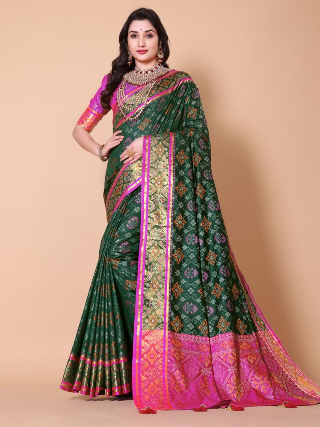 AKSH FASHION Bandhani Zari Patola Saree