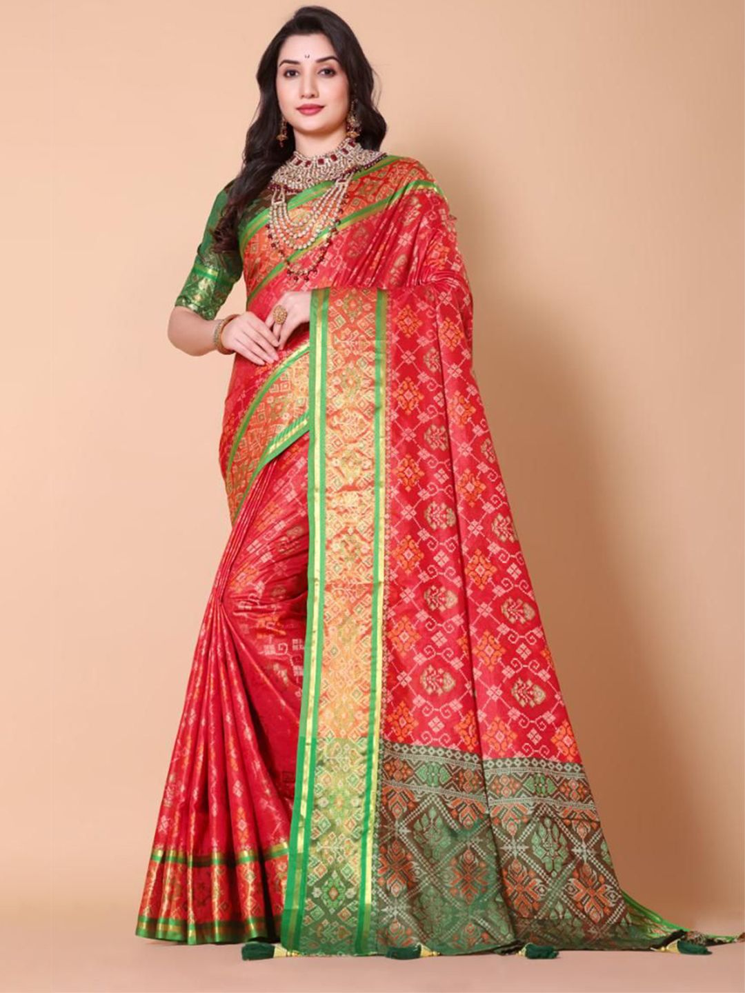 AKSH FASHION Ethnic Motifs Printed Zari Patola Saree