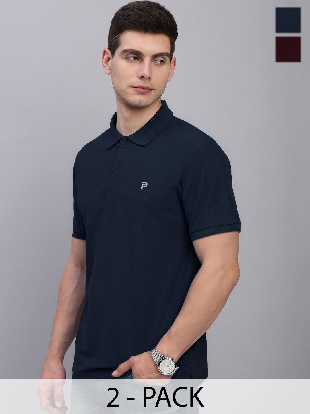 LUX PARKER Men Pack of 2 Solid Polo Collar Cotton T-shirts