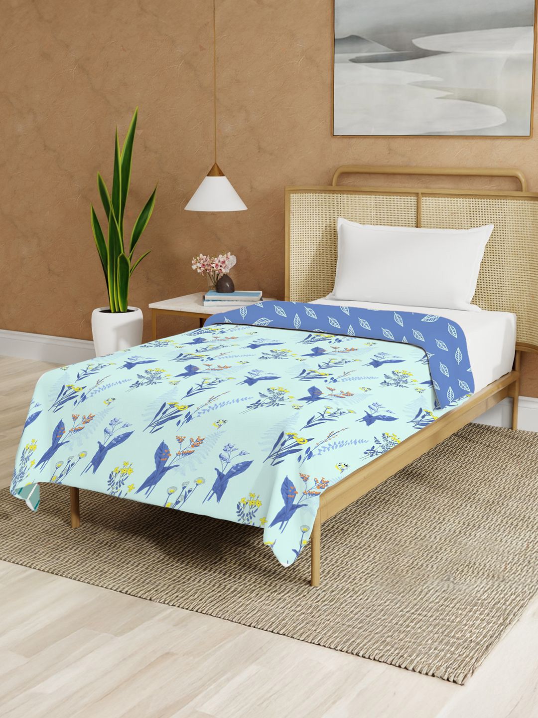 URBAN SPACE Turquoise Blue Floral Printed Malmal Cotton 90 GSM AC Room Single Bed Dohar
