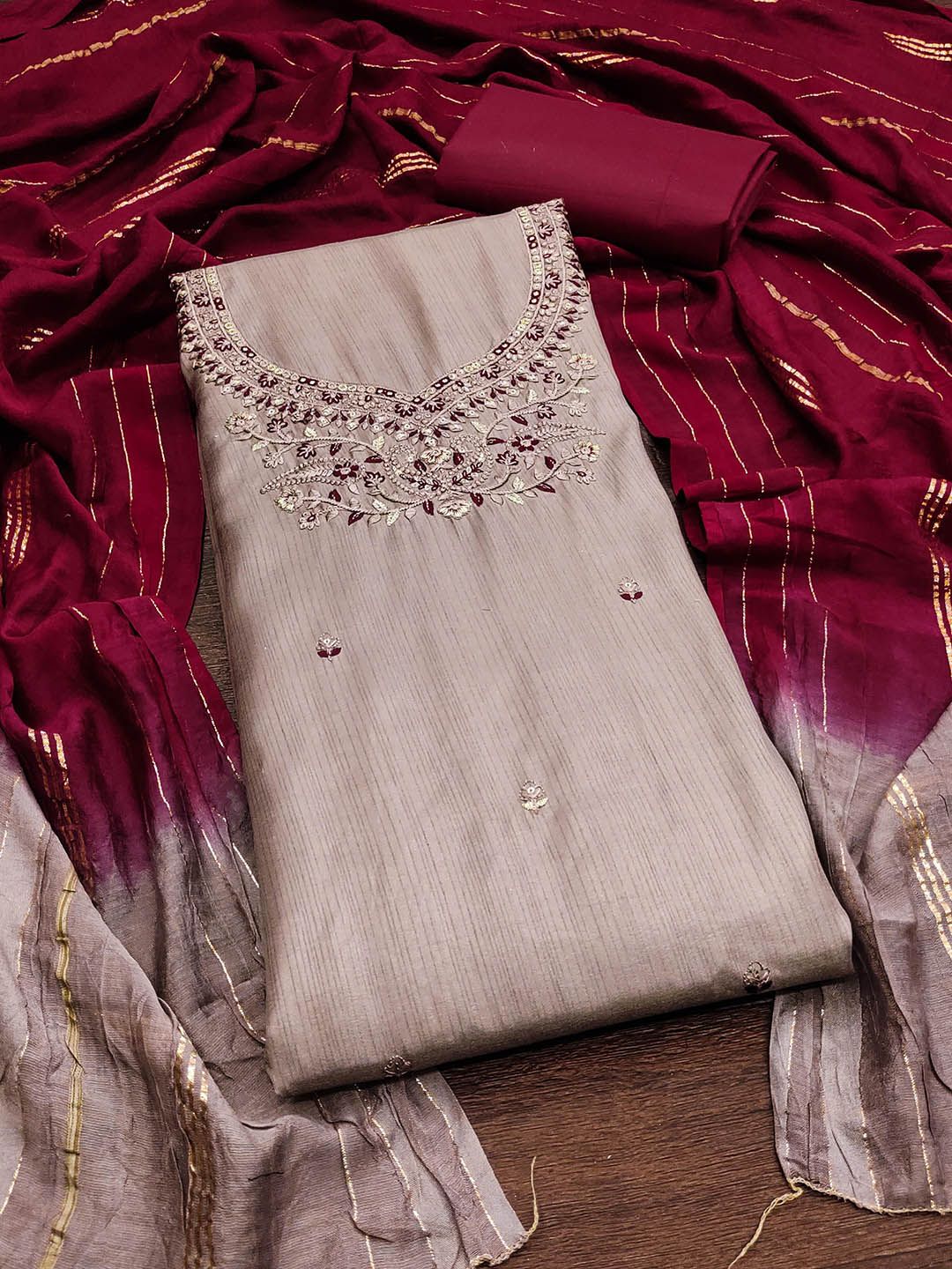 HERE&NOW Floral Embroidered Sequinned Coco Silk Unstitched Dress Material