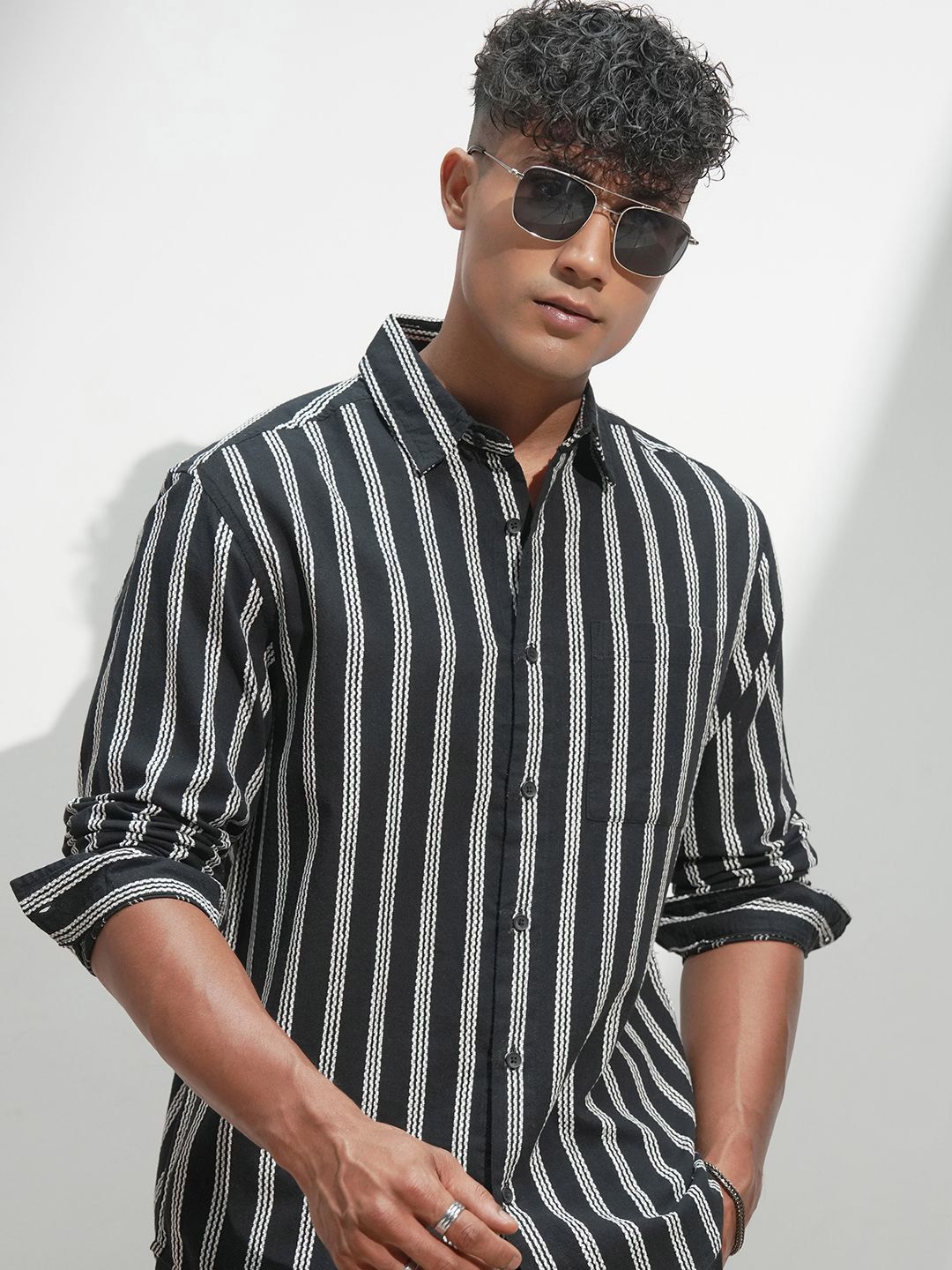 HIGHLANDER Men Comfort Relaxed Fit Vertical Striped Spread Collar Casual Shirt