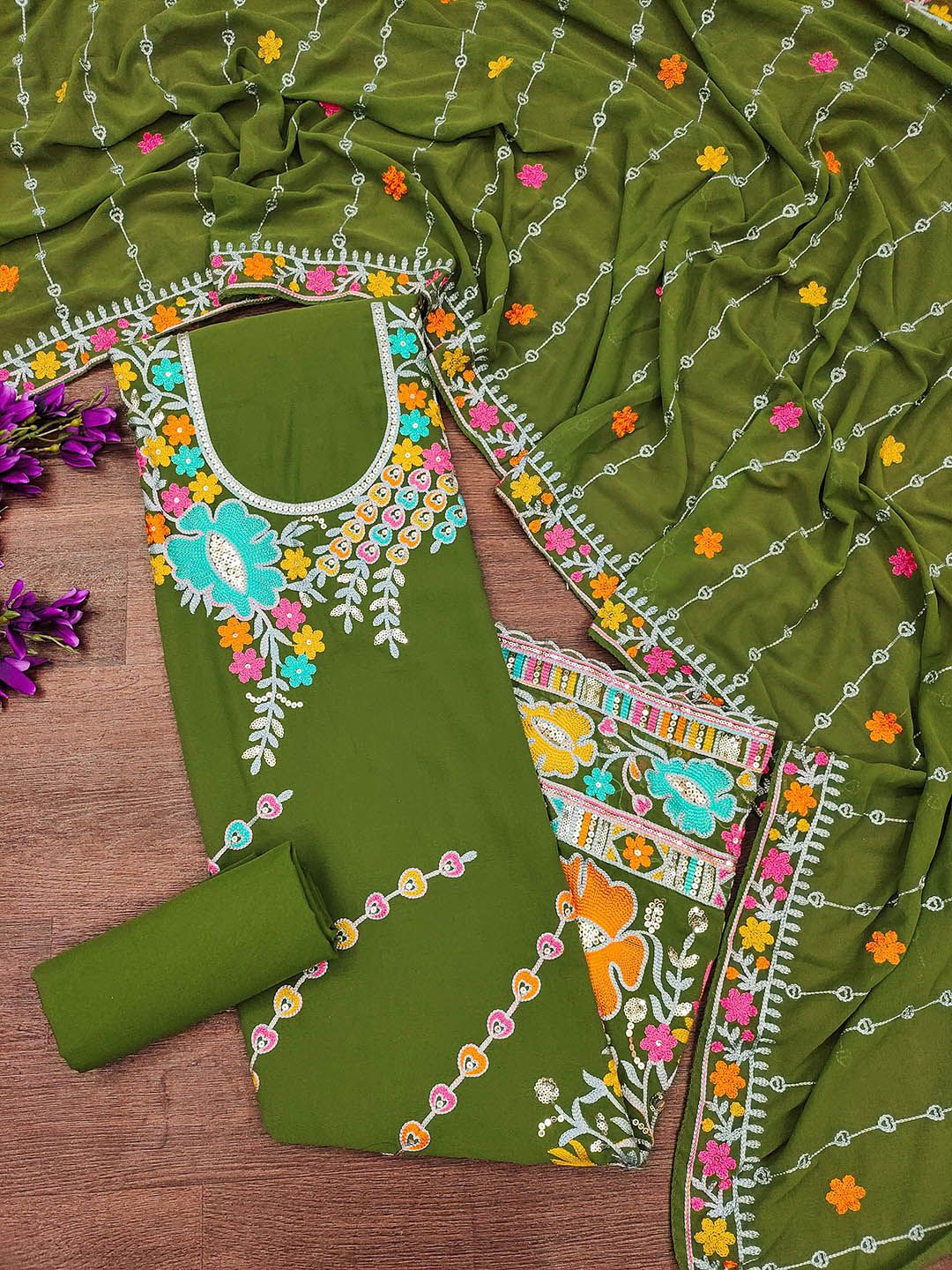 HERE&NOW Floral Embroidered Sequinned Georgette Unstitched Dress Material