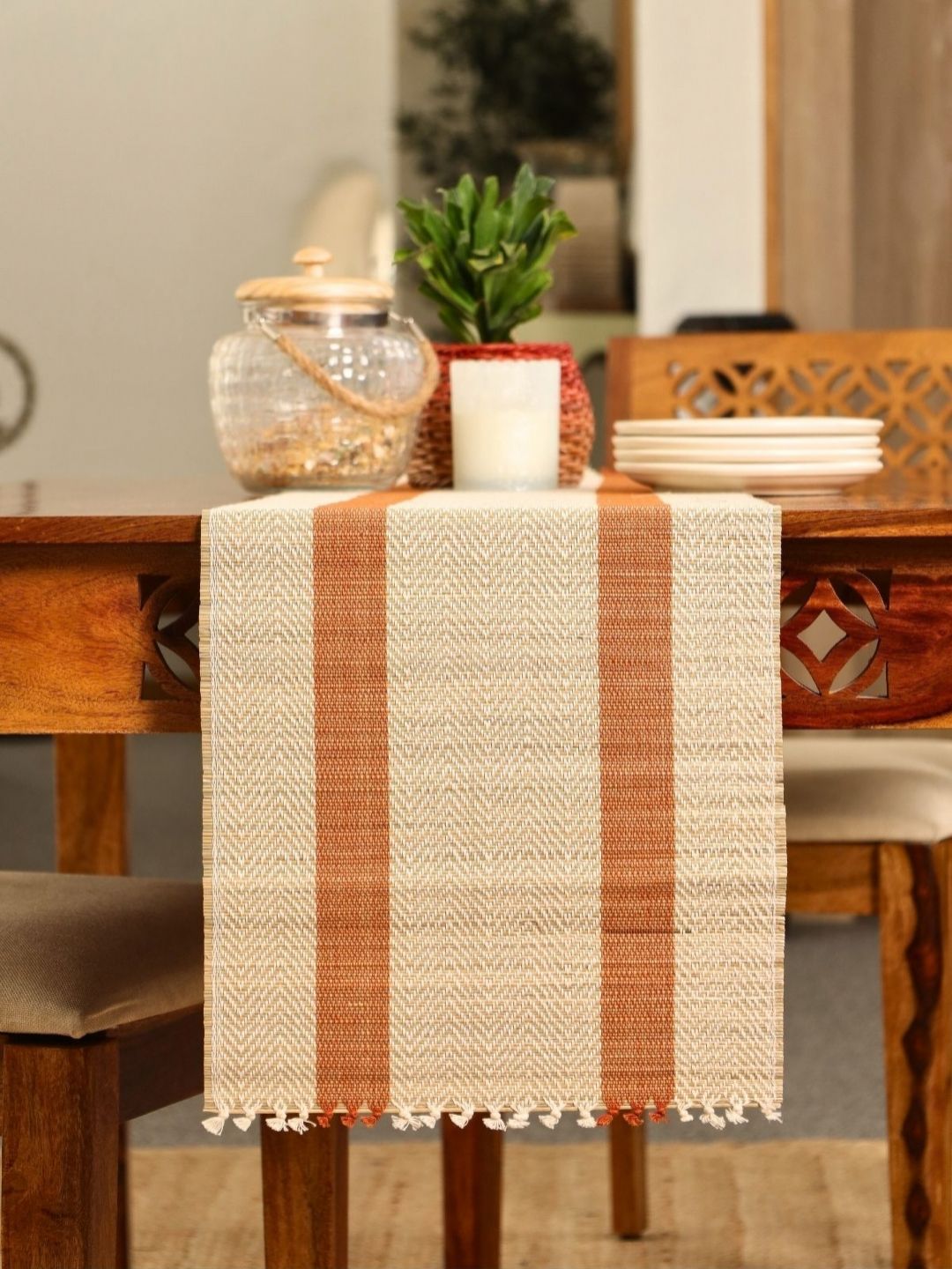 Buy Peepul Tree Rust & Off White Natural Grass Table Runner
