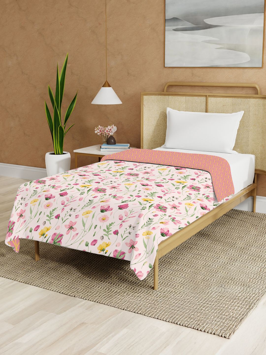 URBAN SPACE White & Pink Floral Printed Malmal Cotton 90 GSM AC Room Single Bed Dohar