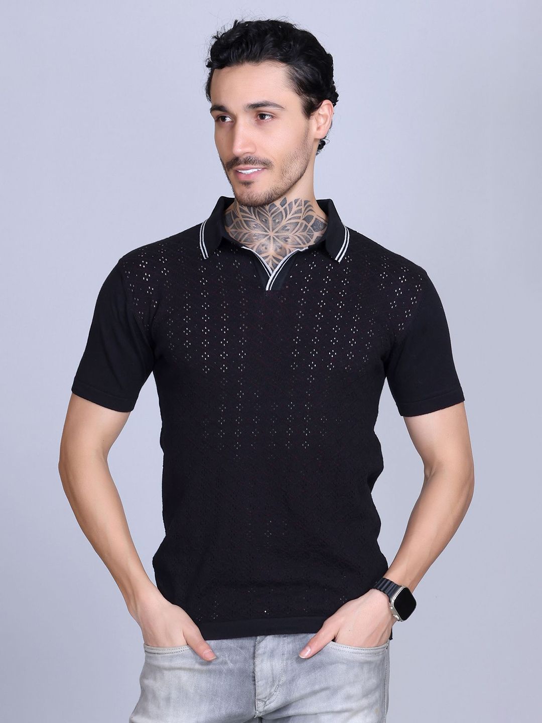 Dzant Men Flyknit Self Design Polo Collar Cotton T-shirt