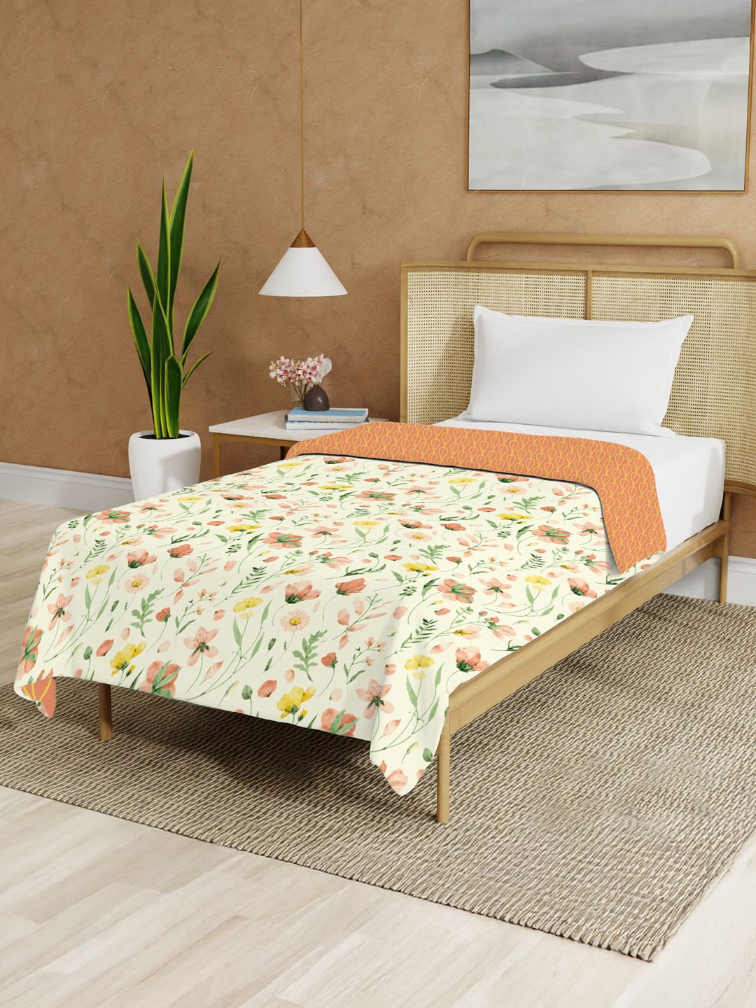URBAN SPACE Cream-Coloured & Green Floral Malmal Cotton 90 GSM AC Room Single Bed Dohar