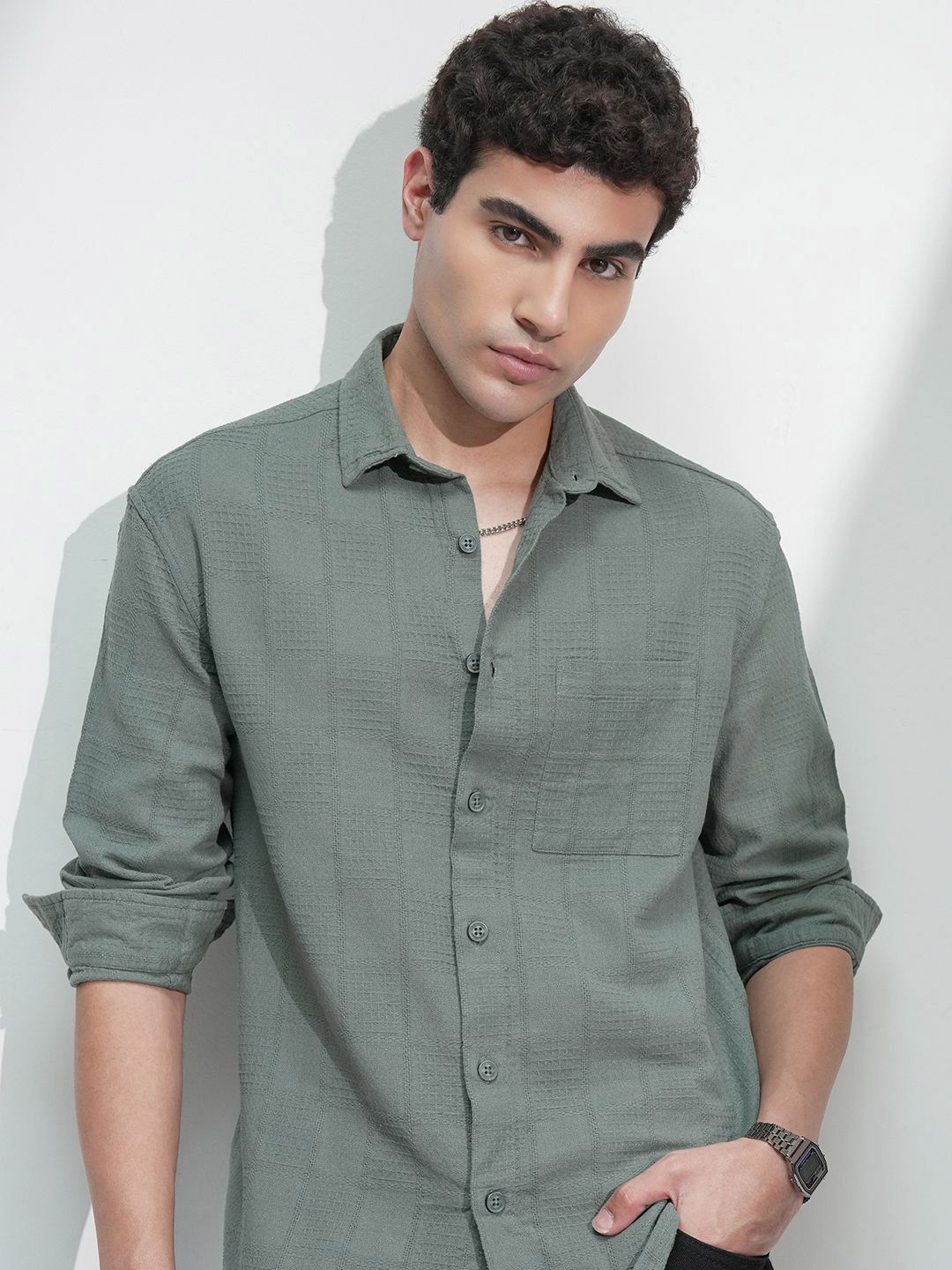 HIGHLANDER Men Comfort Relaxed Fit Textured Spread Collar Cotton Casual Shirt