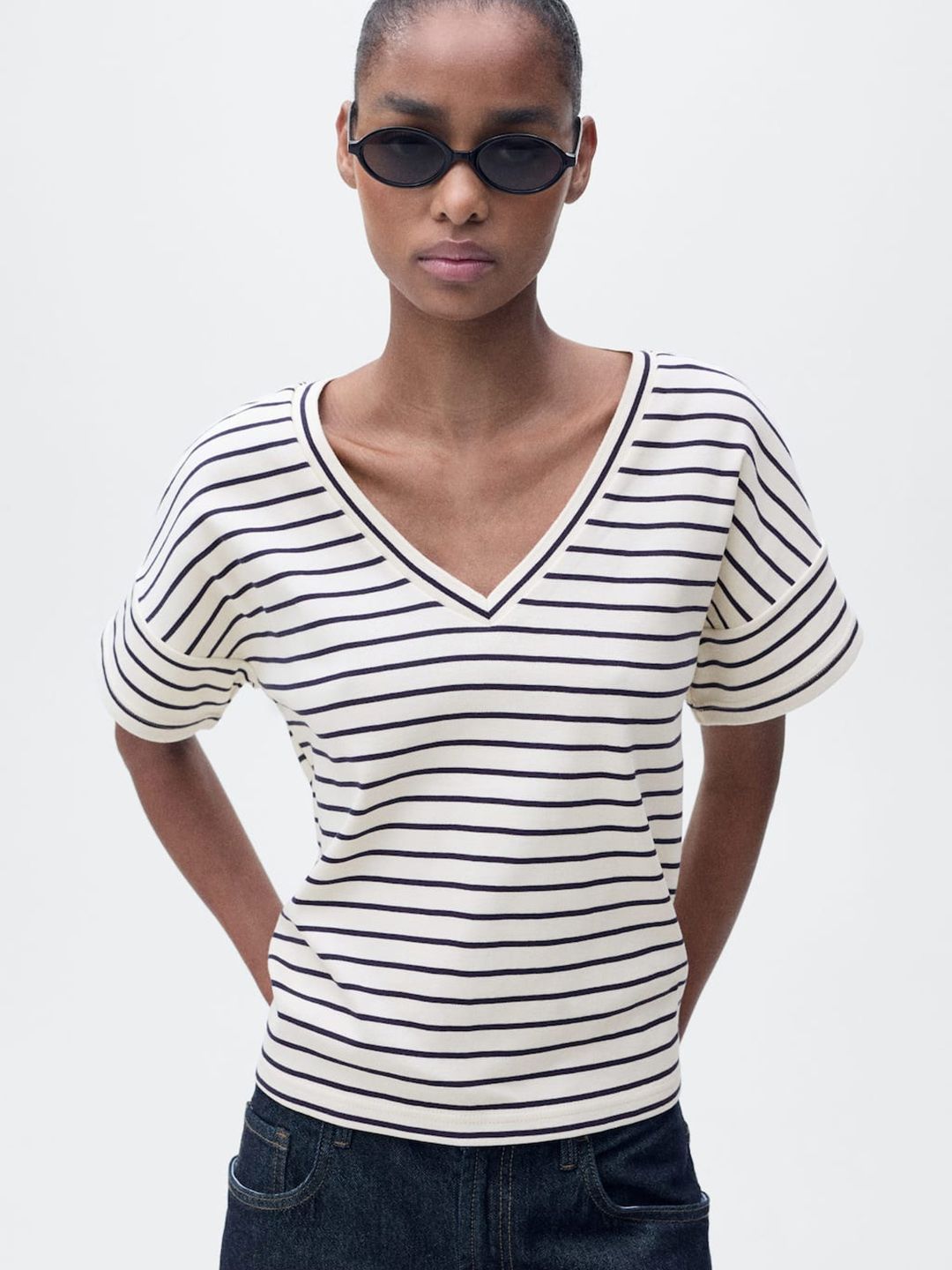 Striped Pure Cotton V-Neck T-shirt