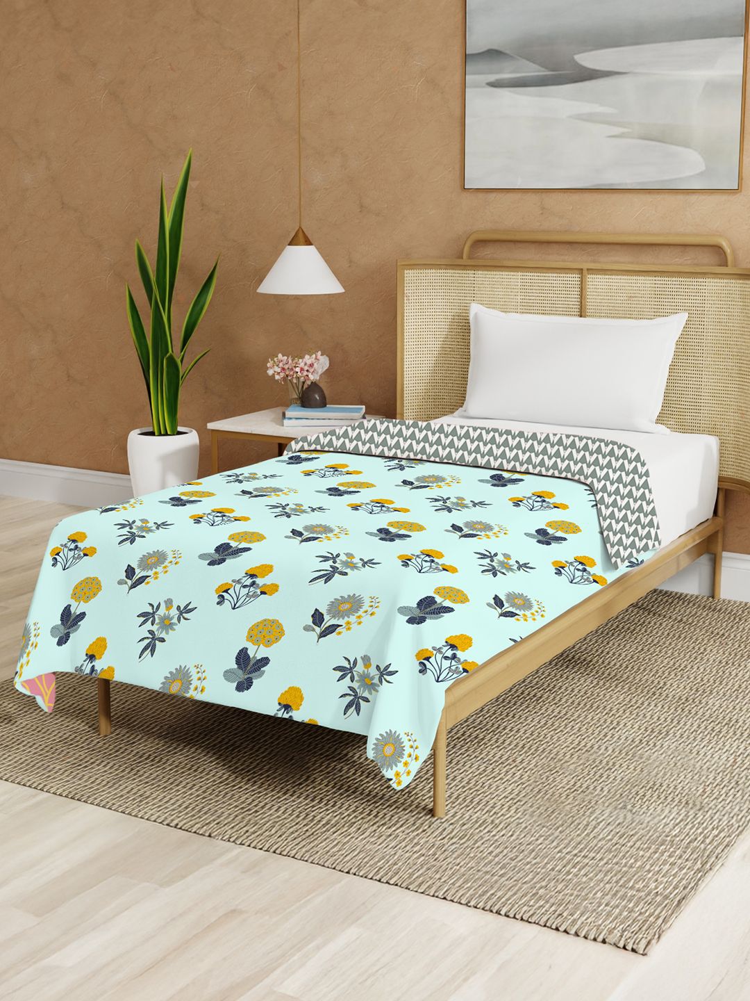 URBAN SPACE Blue & White Floral Printed Malmal Cotton 90 GSM AC Room Single Bed Dohar
