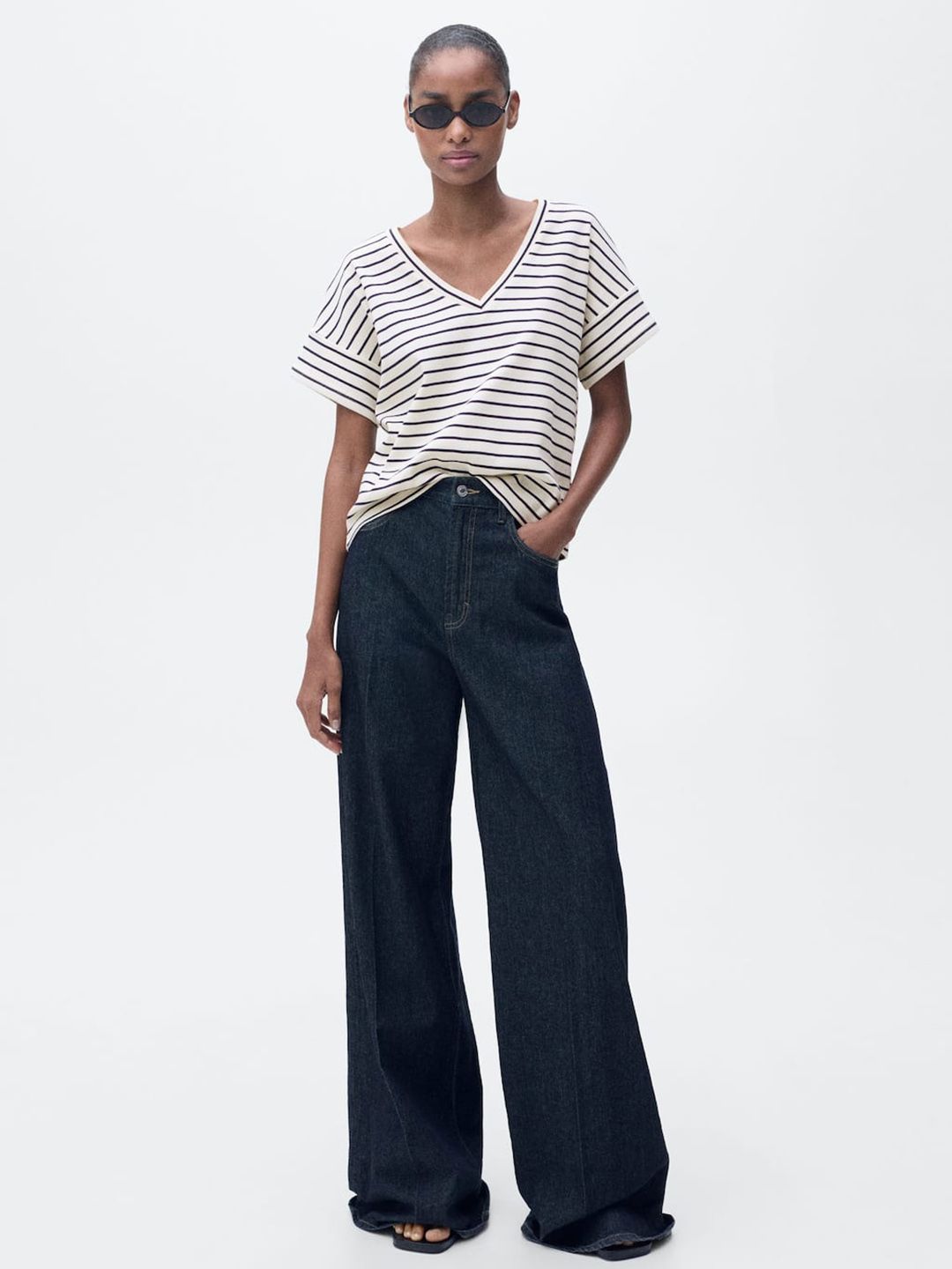 Striped Pure Cotton V-Neck T-shirt