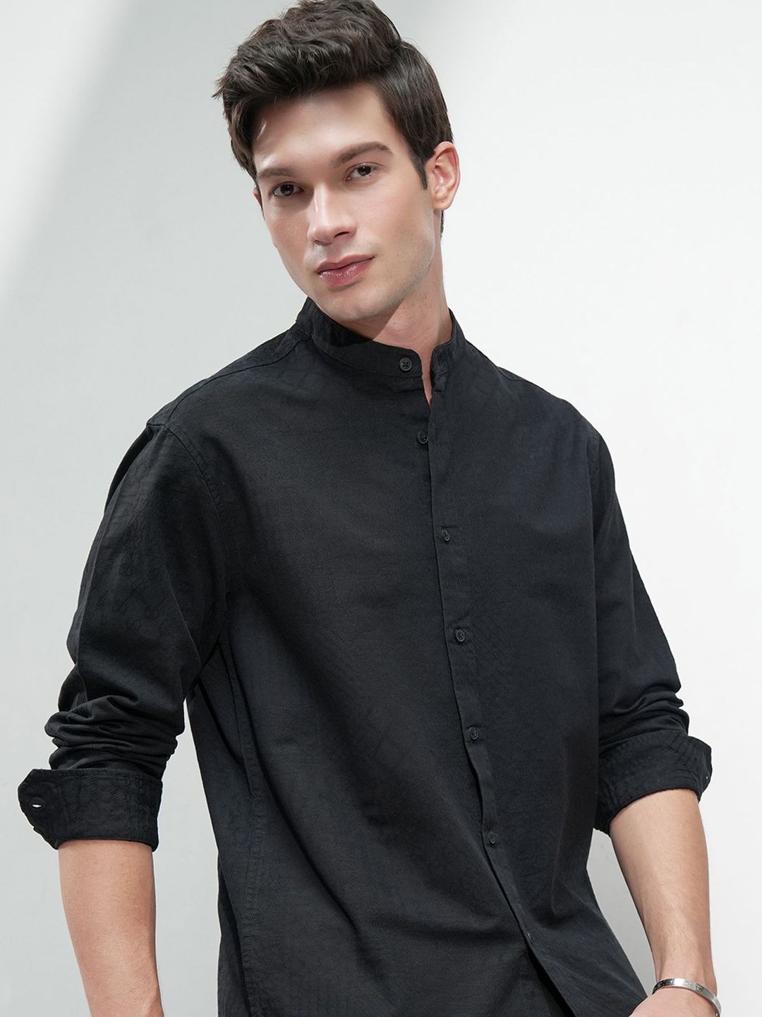 HIGHLANDER Men Comfort Relaxed Fit Textured Mandarin Collar Cotton Casual Shirt