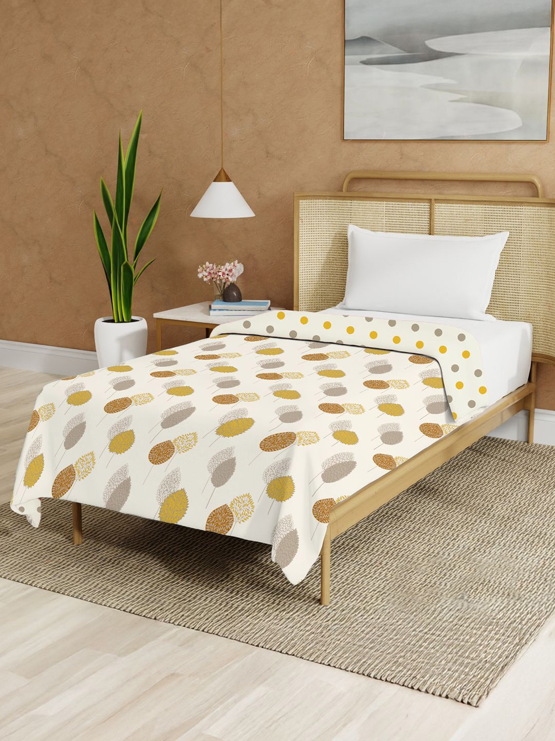 URBAN SPACE White & Mustard Floral Printed Malmal Cotton 90 GSM AC Room Single Bed Dohar