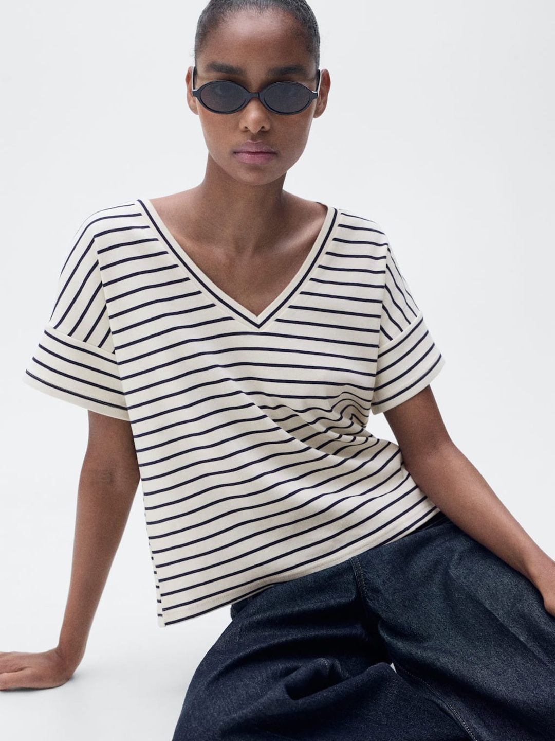 Striped Pure Cotton V-Neck T-shirt