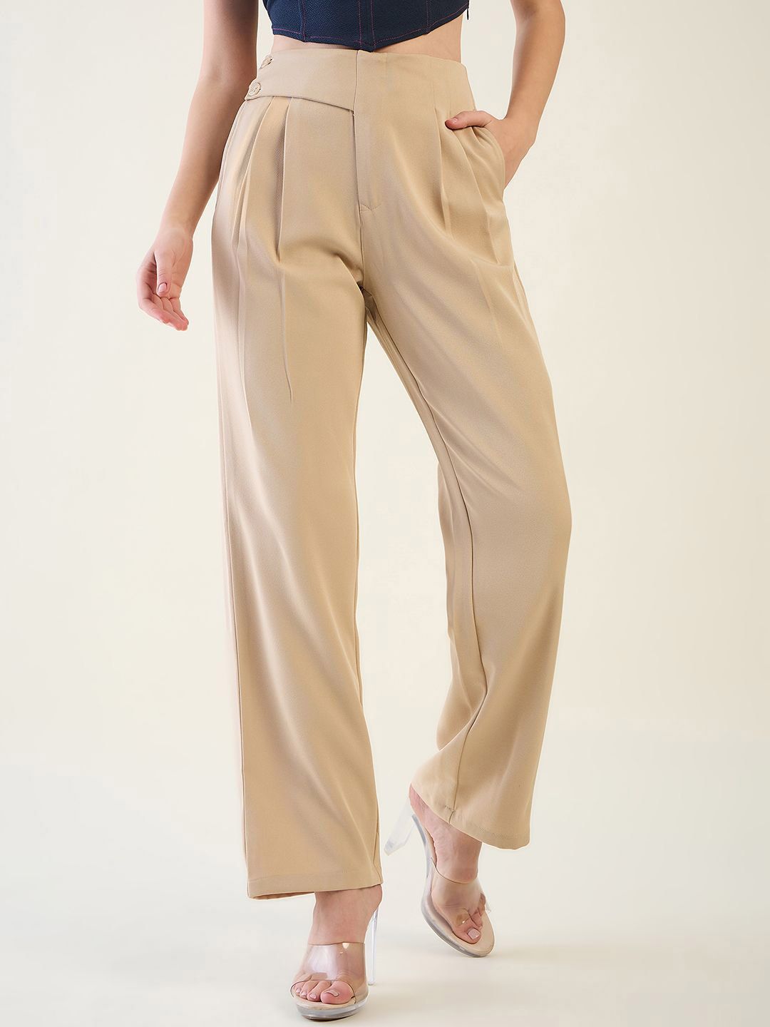 Women High-Rise Trousers aayu Women Comfort High-Rise Pleated Trousers