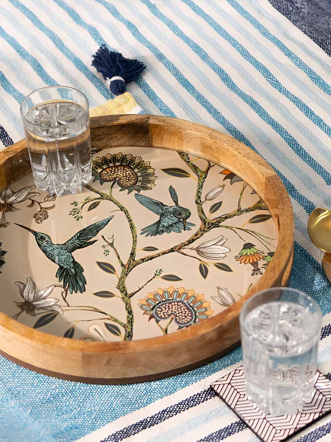 THREADVIBE LIVING Brown & Green Floral Printed Mango Wood Wooden Round Tray