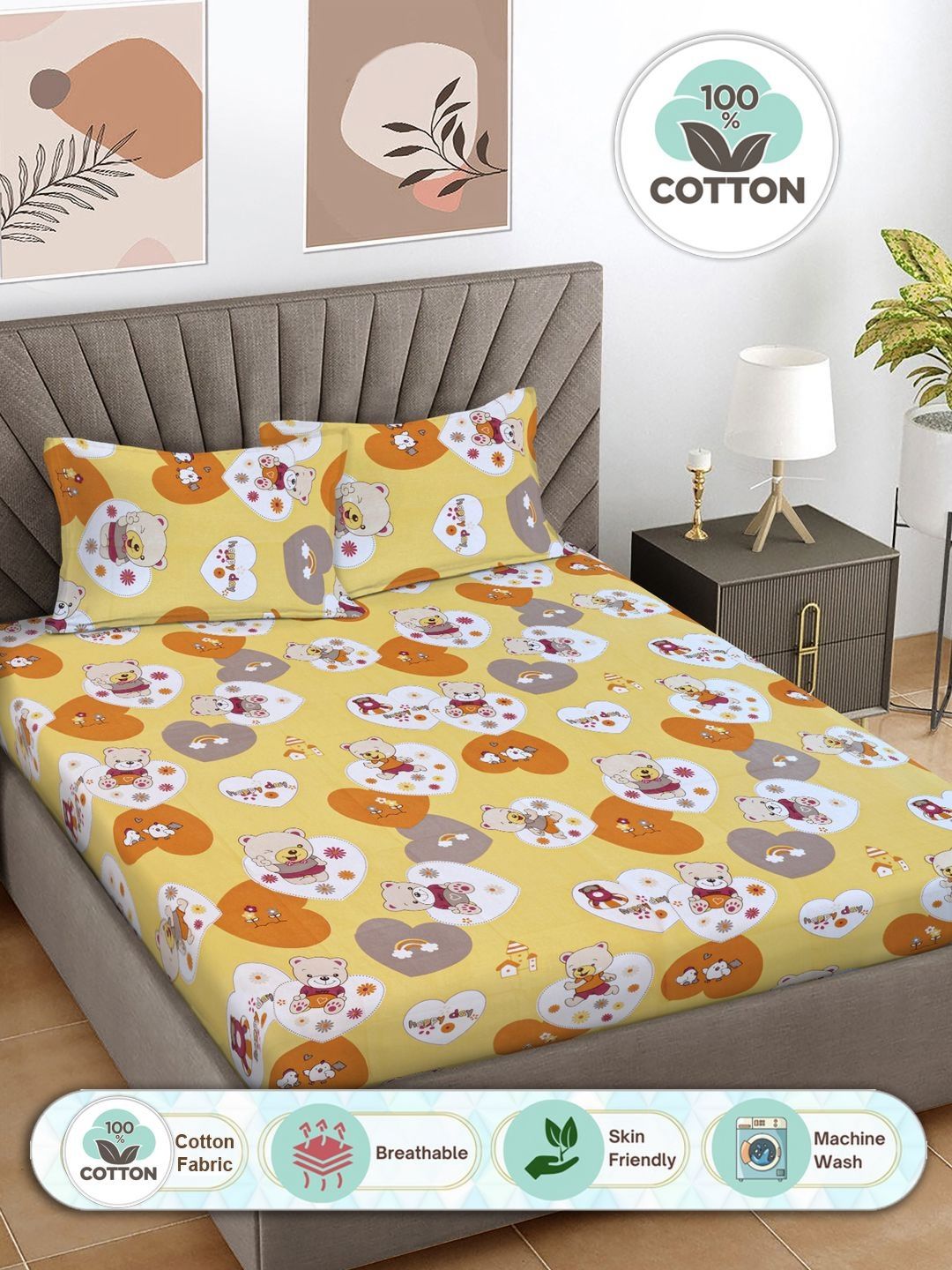 FABINALIV FABINALIV Yellow Cartoon Print Pure Cotton 300 TC King Bedsheet with 2 Pillow Covers