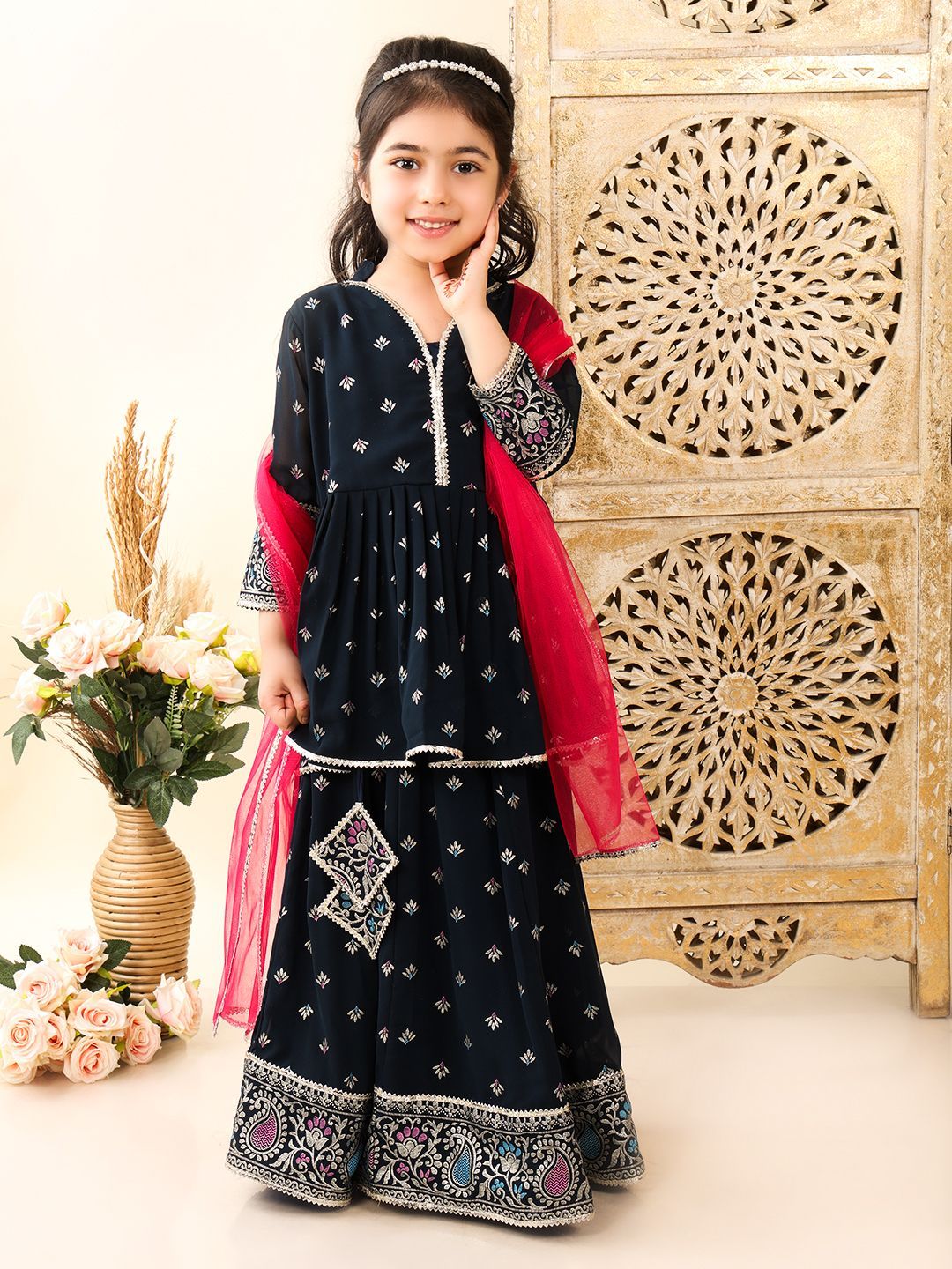 Superminis Girls Floral Printed Mandarin Collar Gotta Patti Blouse & Lehenga & Dupatta