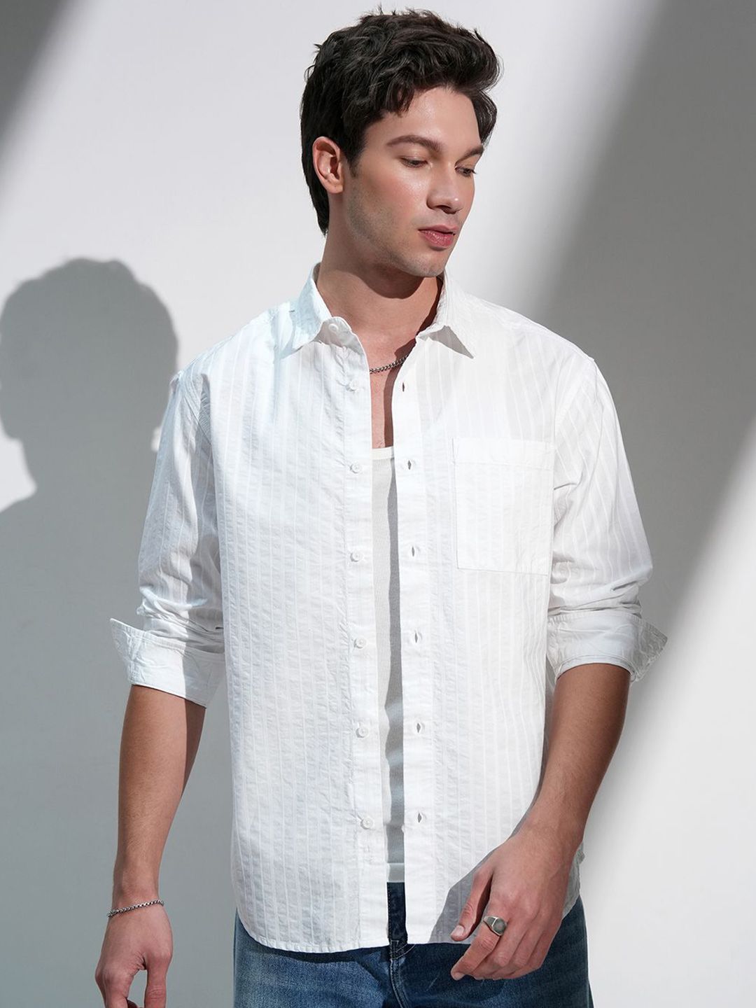 HIGHLANDER Men Cutaway Collar Striped Casual Relaxed Fit Shirt