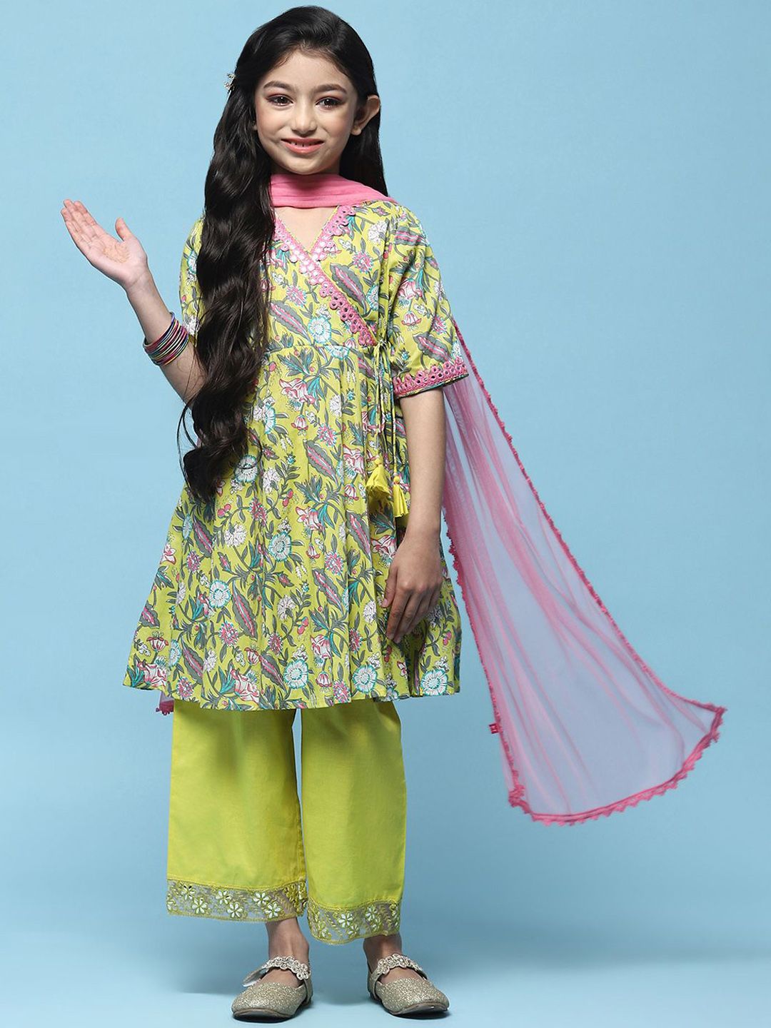 Biba Girls Floral Printed V-Neck Angrakha Pure Cotton A-line  Kurta With Palazzo & Dupatta